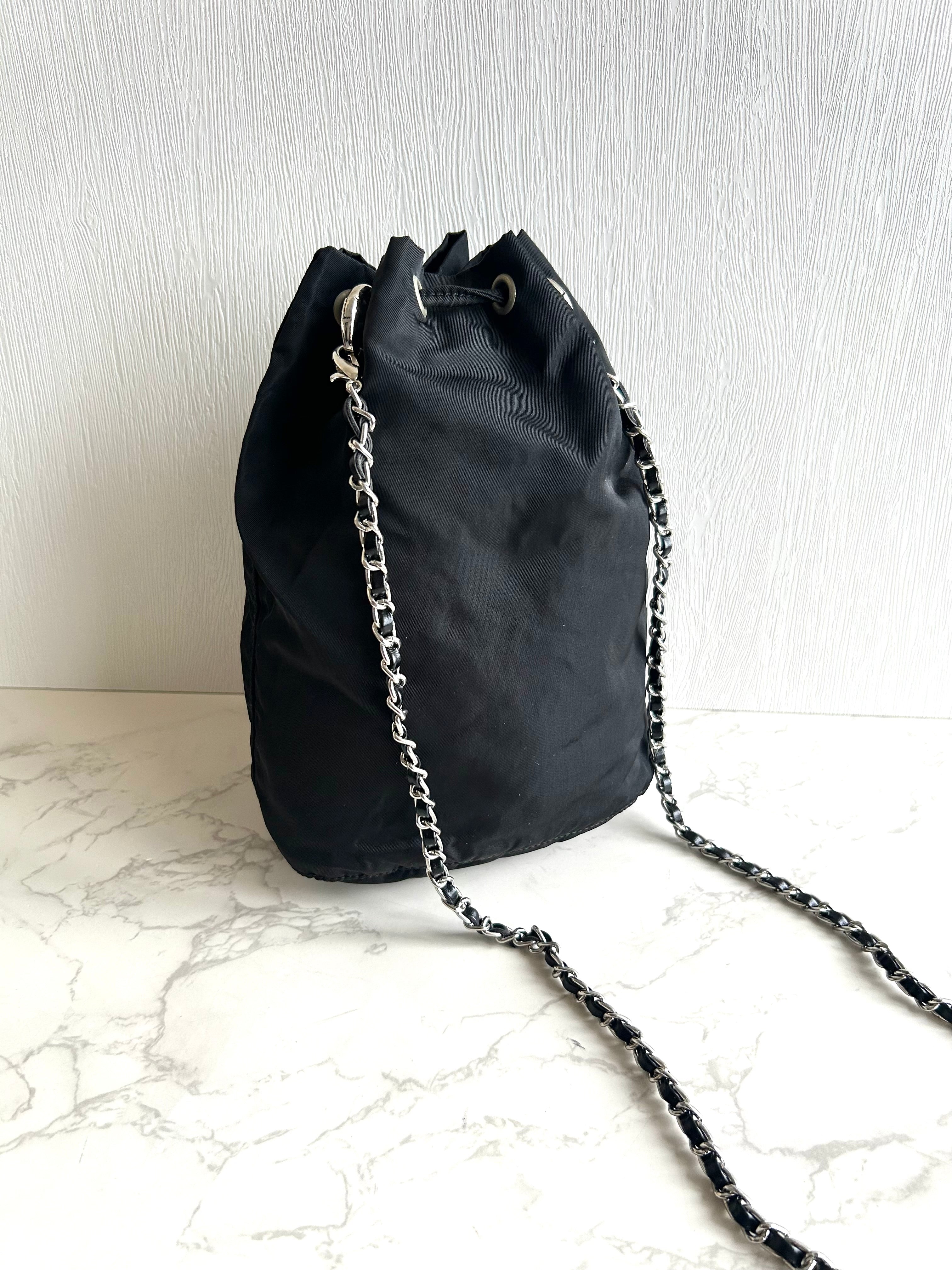 Used Prada Black and Silver Chain Mini Bucket Bag, Shoulder Bag, Crossbody Bag