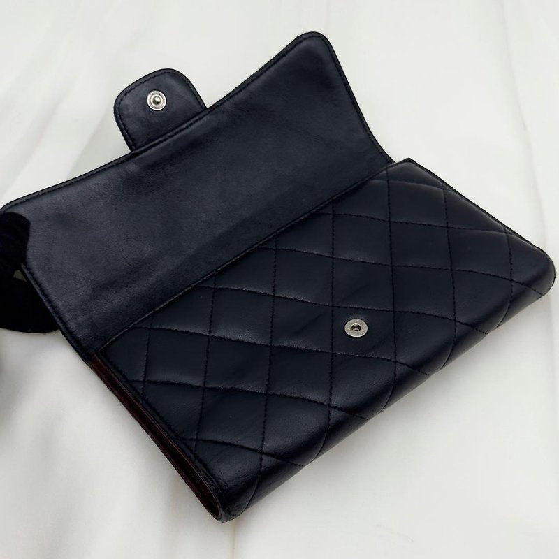 CHANEL Black Classic Silver Label Lambskin Leather Long Wallet/Wallet