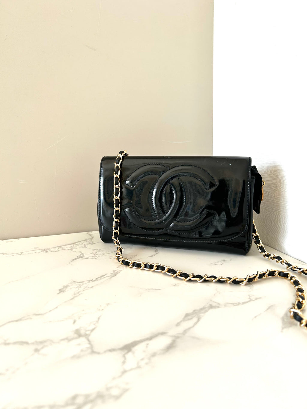 CHANEL Rare Black Patent Leather WOC with Mirror / Side Bag / Crossbody Bag