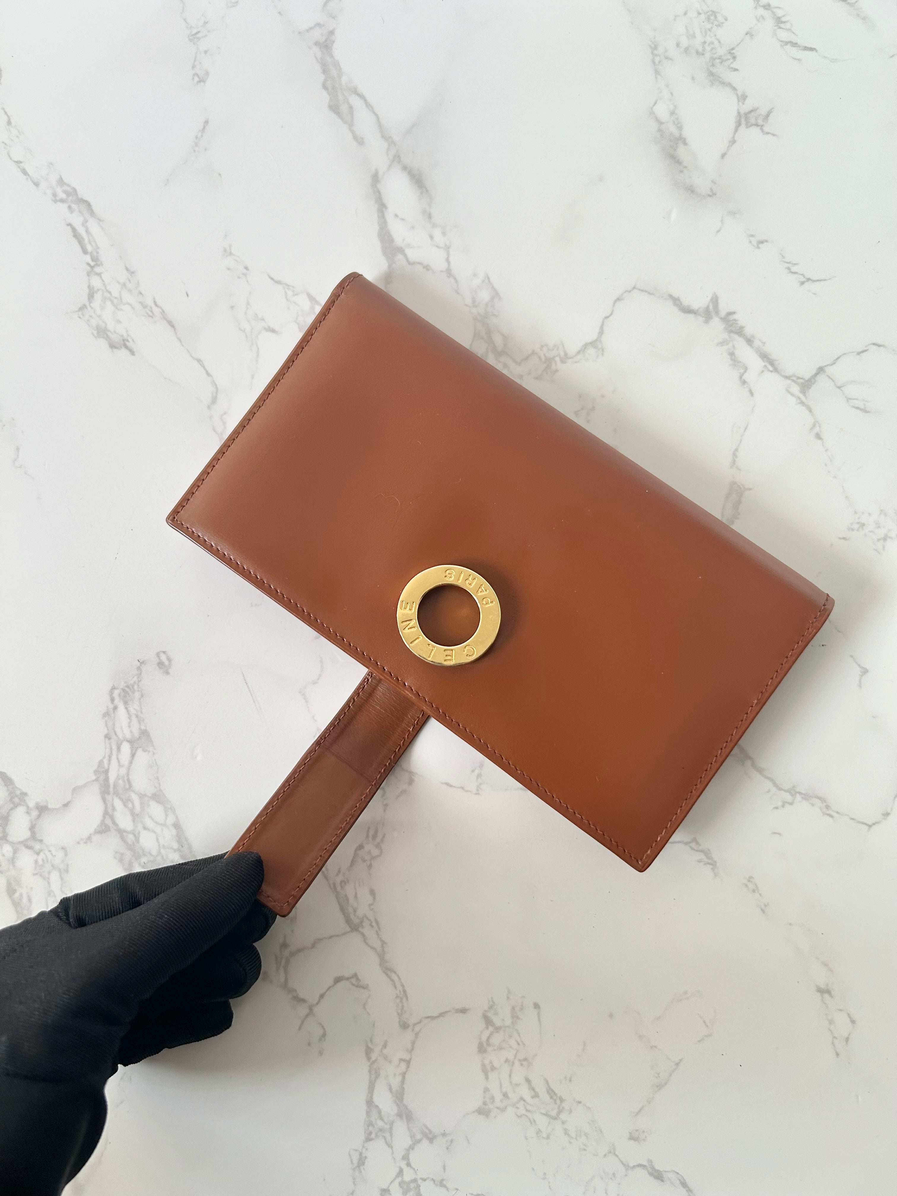 CELINE Brown Gold Ring Leather Long Wallet / Wallet