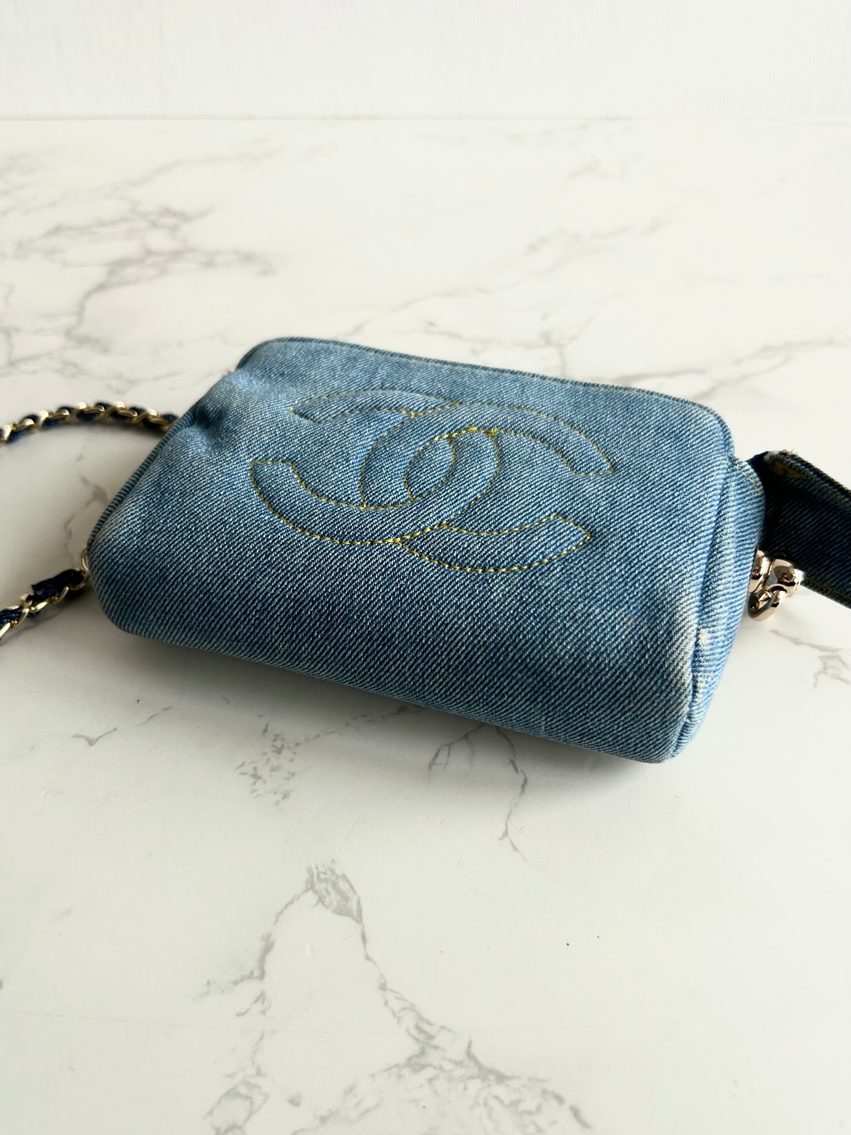 Extremely Rare Used Chanel Two-Way Topstitched Denim Bag Shoulder Bag Crossbody Bag