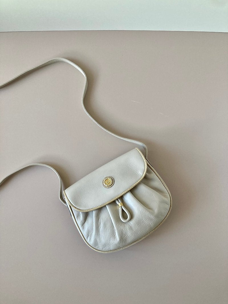 CELINE rare white gold emblem leather messenger bag / side bag / oblique bag