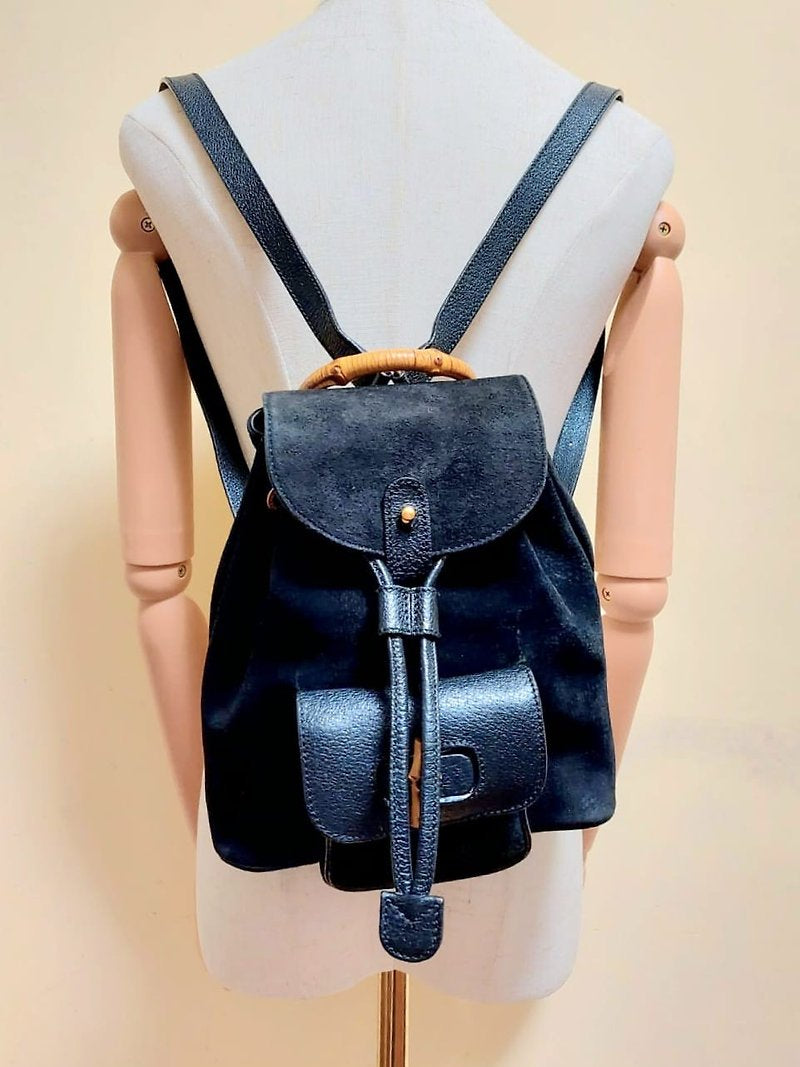 GUCCI classic black leather bamboo small backpack/rucksack/backpack