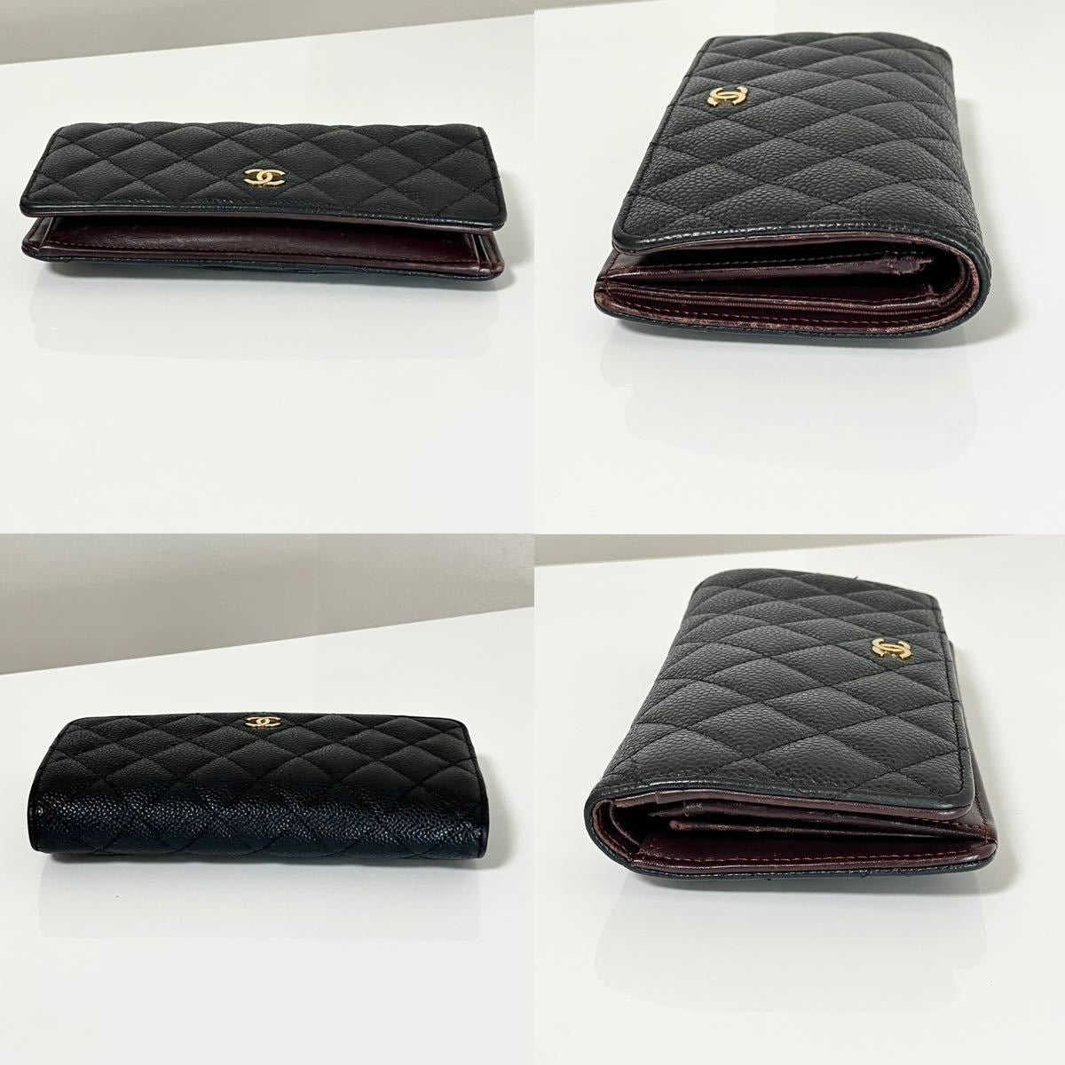 CHANEL Full Set Caviar Leather Black x Gold Long Bi-fold Wallet