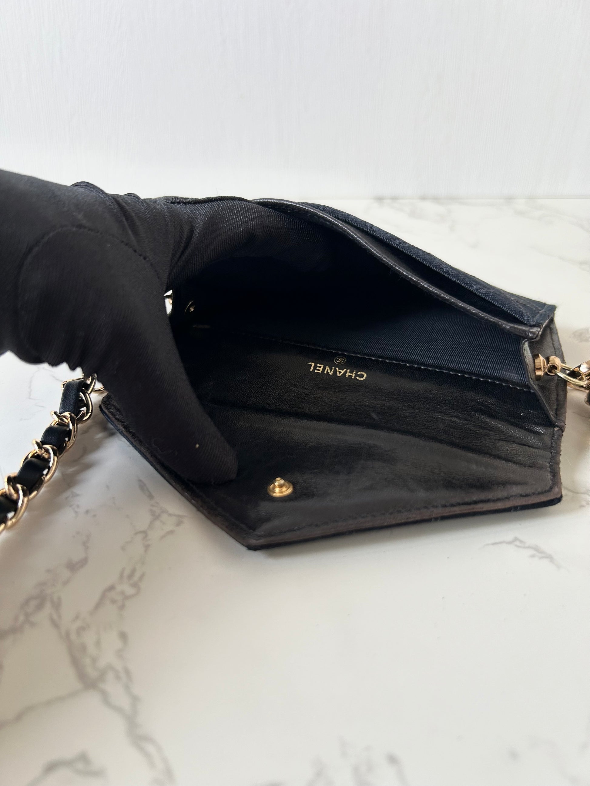 CHANEL Rare Black Satin Rhinestone Small Bag/Side Bag/Messenger Bag/Clutch Bag