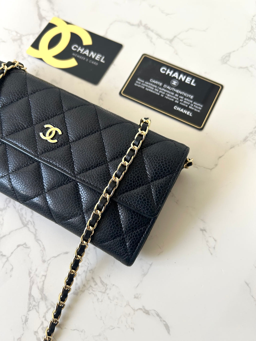 CHANEL Black Gold Caviar Leather WOC Side Bag/Messenger Bag/Long Wallet