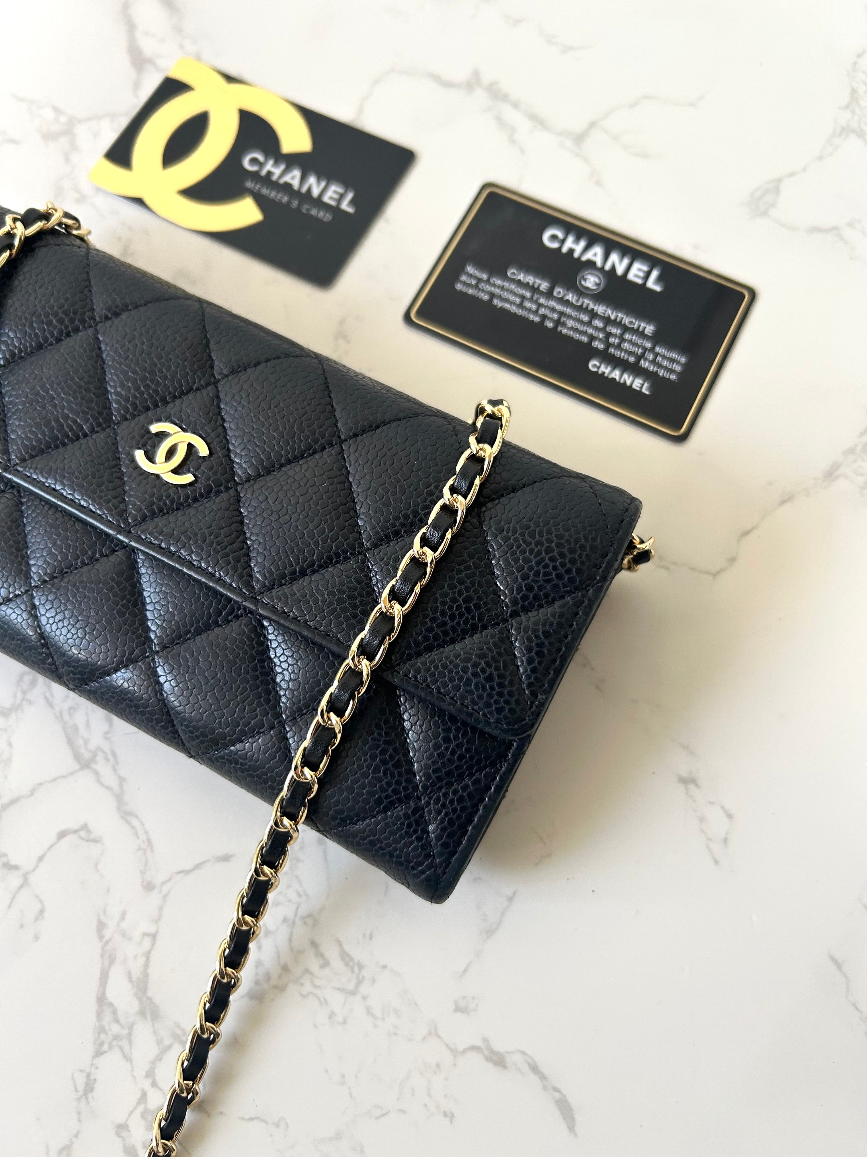 CHANEL Black Gold Caviar Leather WOC Side Bag/Messenger Bag/Long Wallet