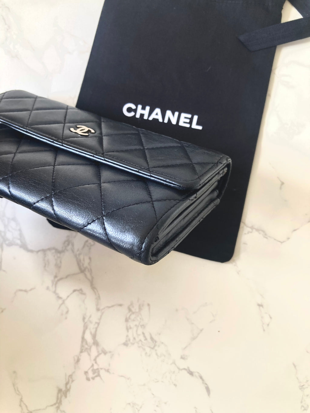 CHANEL Classic Black Lamb Skin Long Wallet