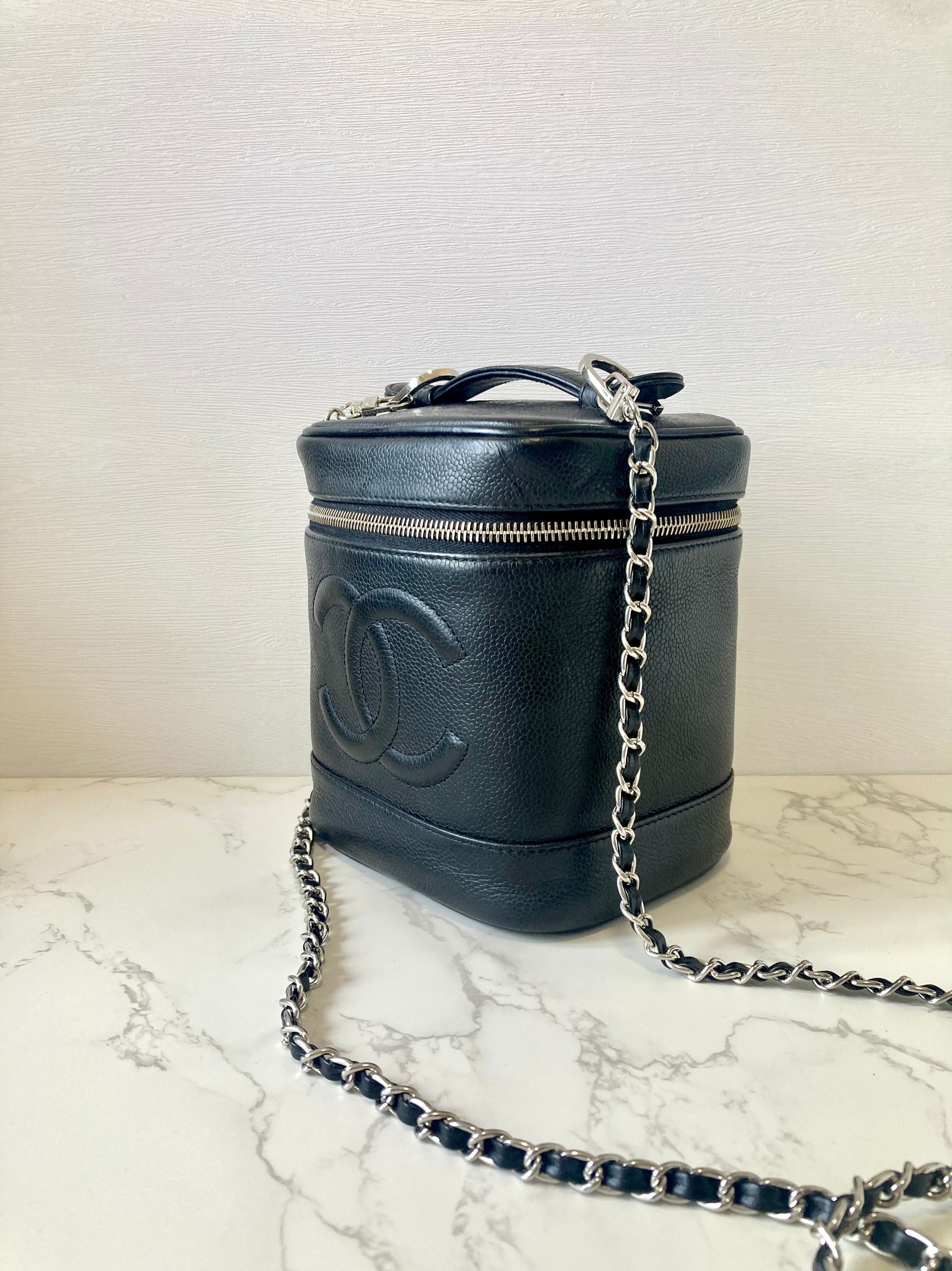 CHANEL Black Caviar Leather Vertical Vanity Case / Chain Crossbody Bag