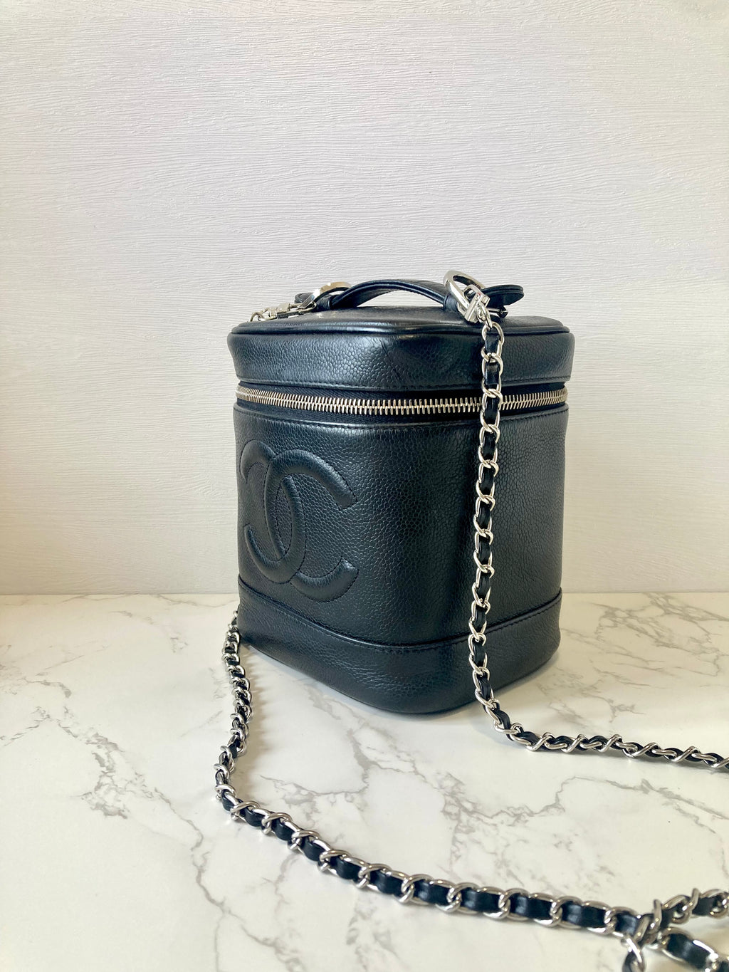 CHANEL Black Caviar Leather Vertical Vanity Case / Chain Crossbody Bag
