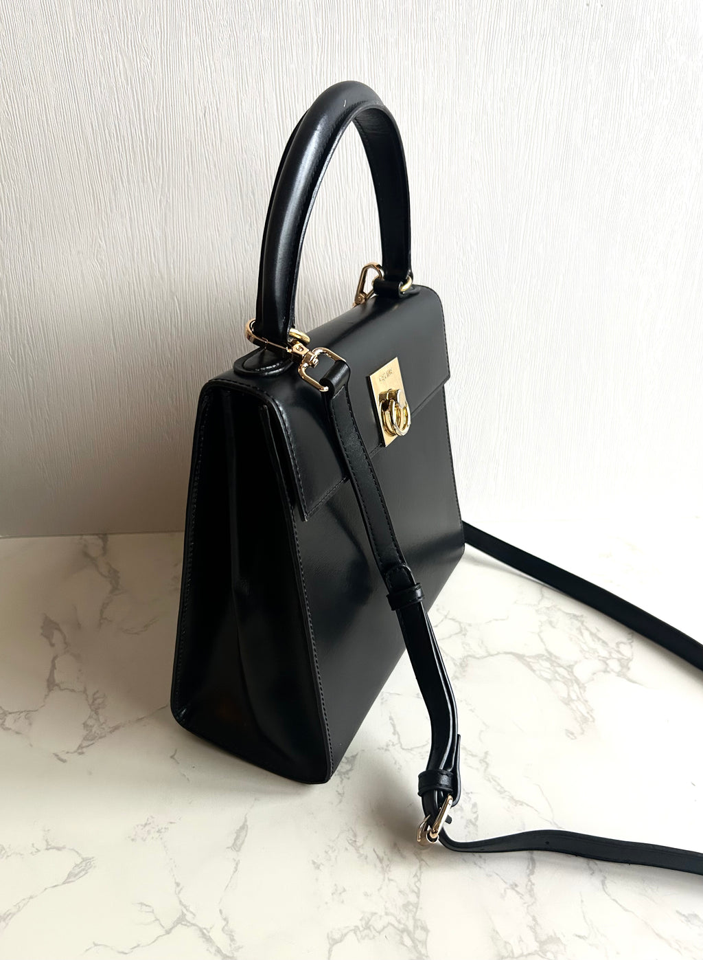 Celine Small Black and Gold Two-Way Kelly Bag Leather Crossbody Bag Shoulder Bag Handbag