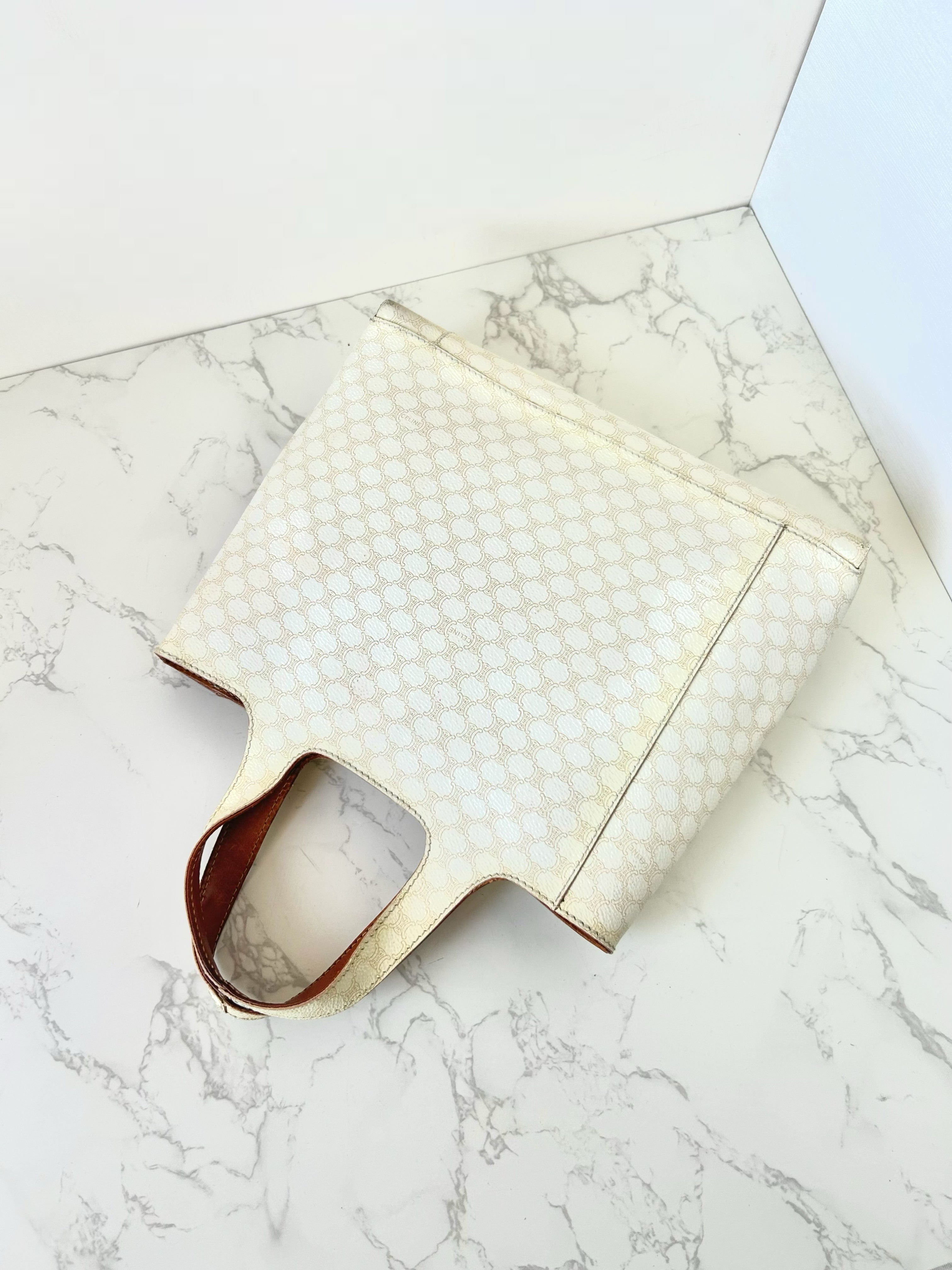 CELINE rare white old flower leather tote bag / handbag