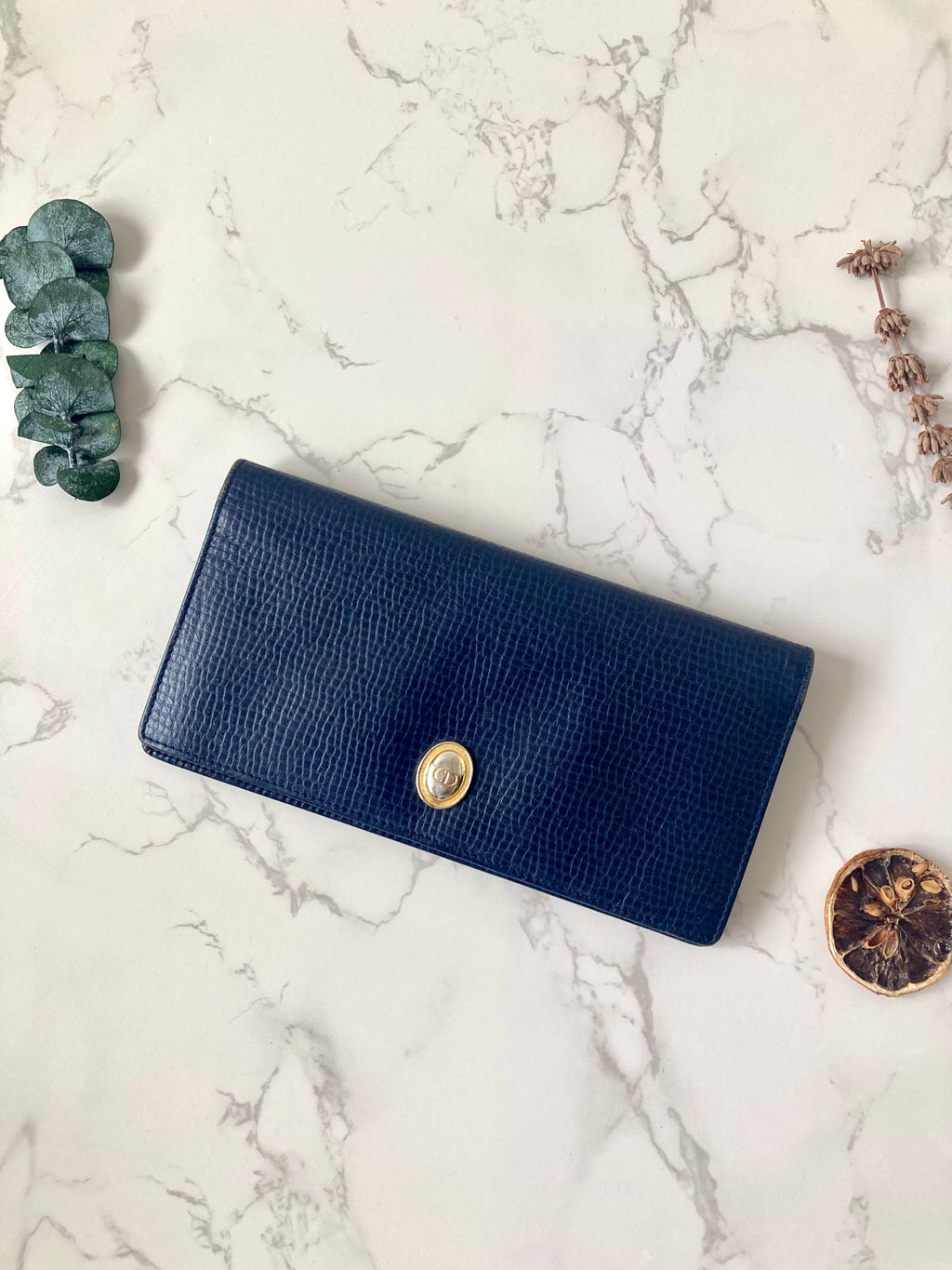 CHRISTIAN DIOR Navy Blue x Gold Egg Leather Long Bi-fold Wallet