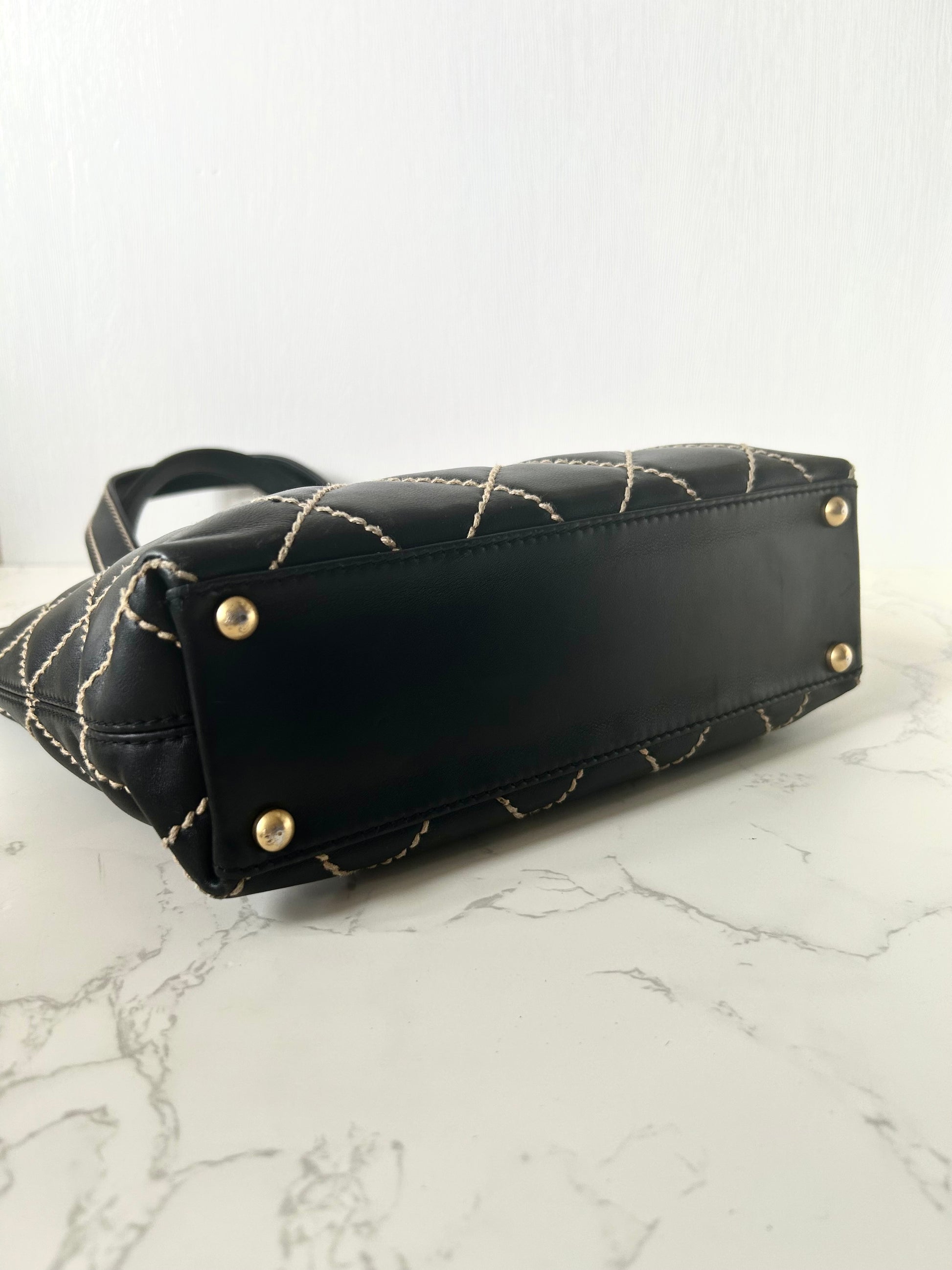 CHANEL Wild Stitch Vivian black gold label small tote bag / side bag
