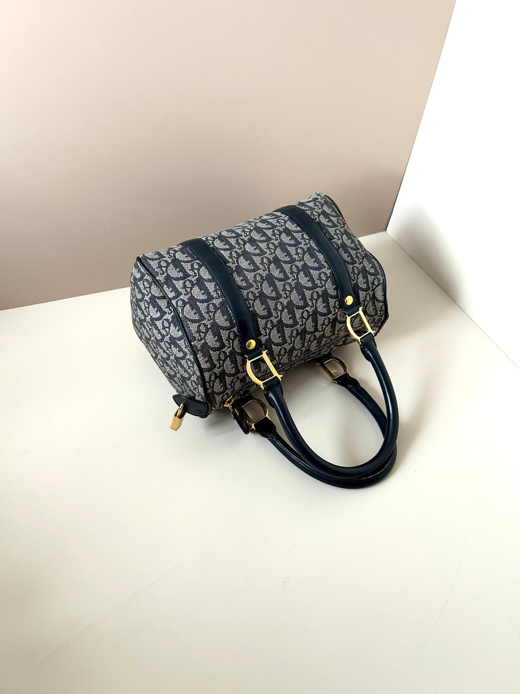 CHRISTIAN DIOR 稀有深藍色老花皮革小波士頓圓桶包/手提包