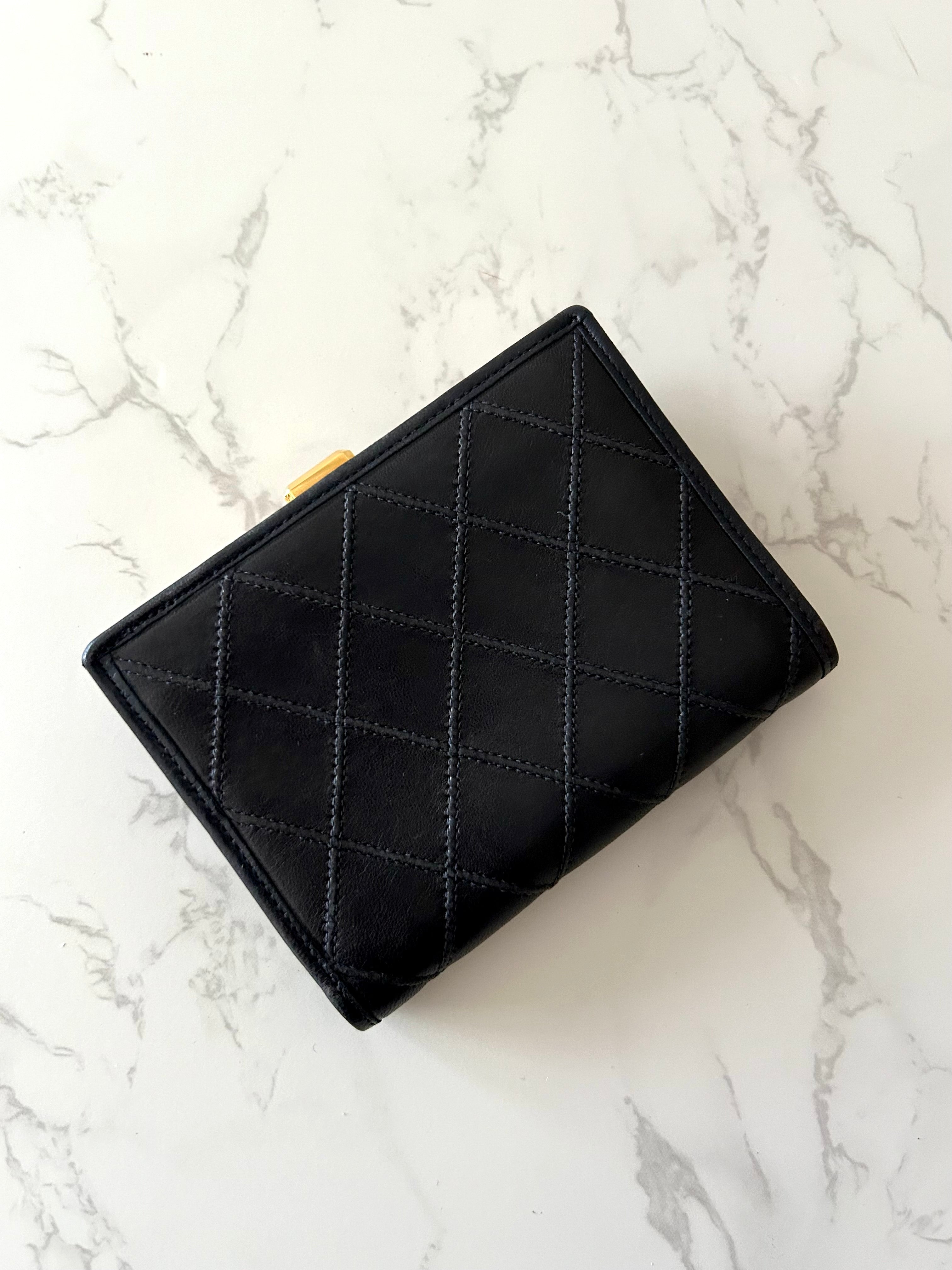CHANEL rare black lambskin leather large gold buckle gold label short wallet / wallet