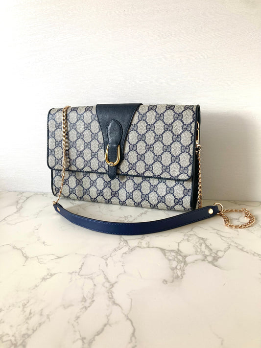 GUCCI Navy Monogram x Gold Horseshoe Two-way Shoulder Bag / Clutch