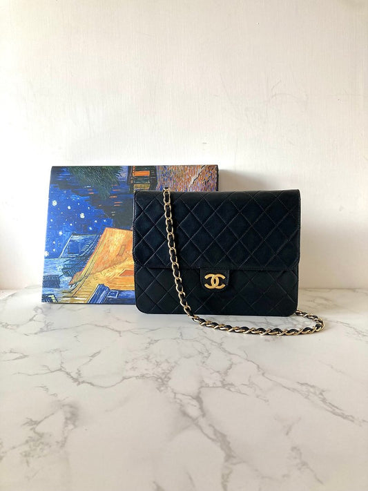 CHANEL 經典黑色金扣 22cm Half Flap鏈條小包/側背包/單肩包