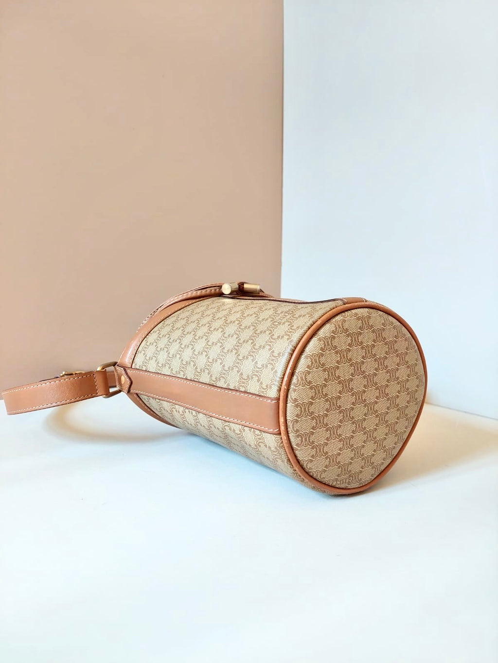 CELINE beige old flower leather drawstring bucket bag / side backpack