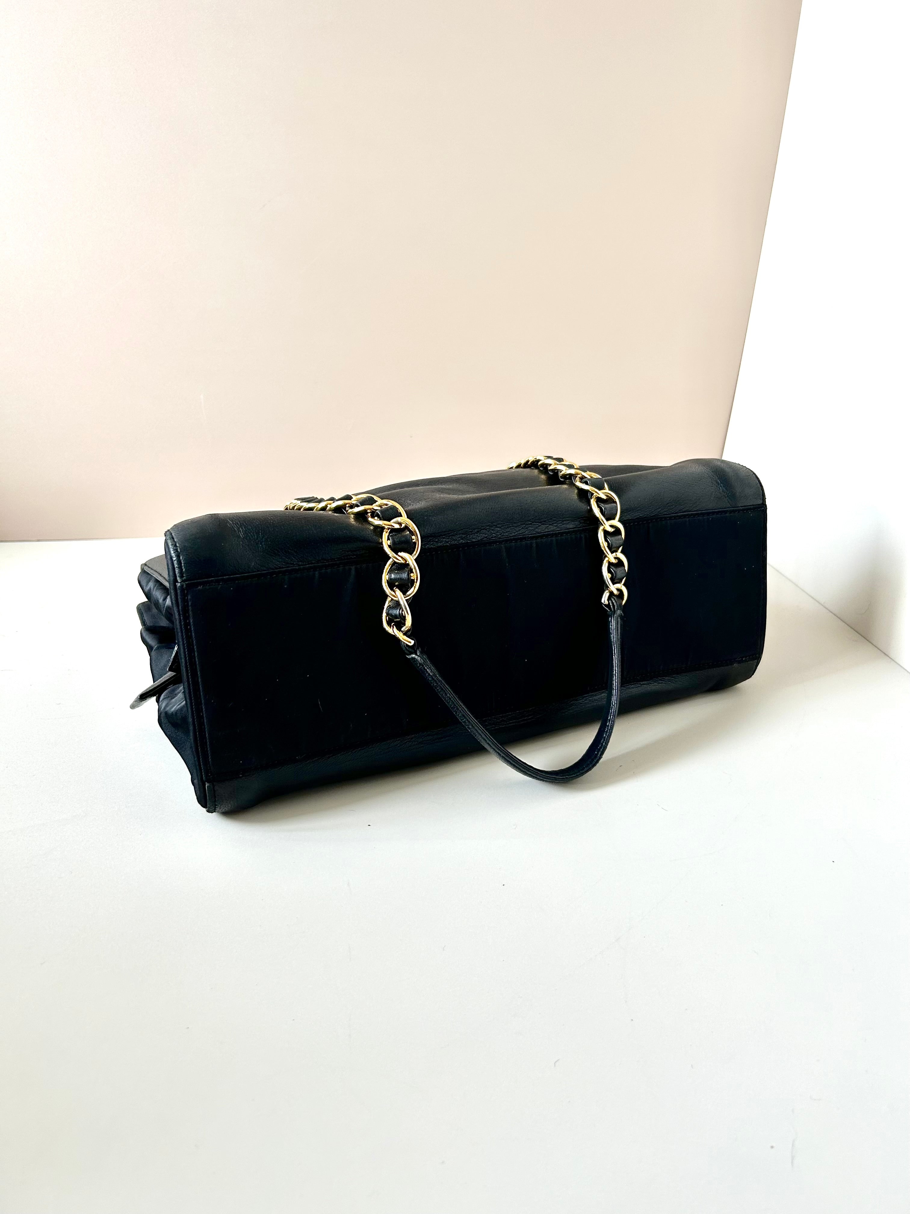 PRADA rare black engraved gold chain tote shoulder bag / side bag