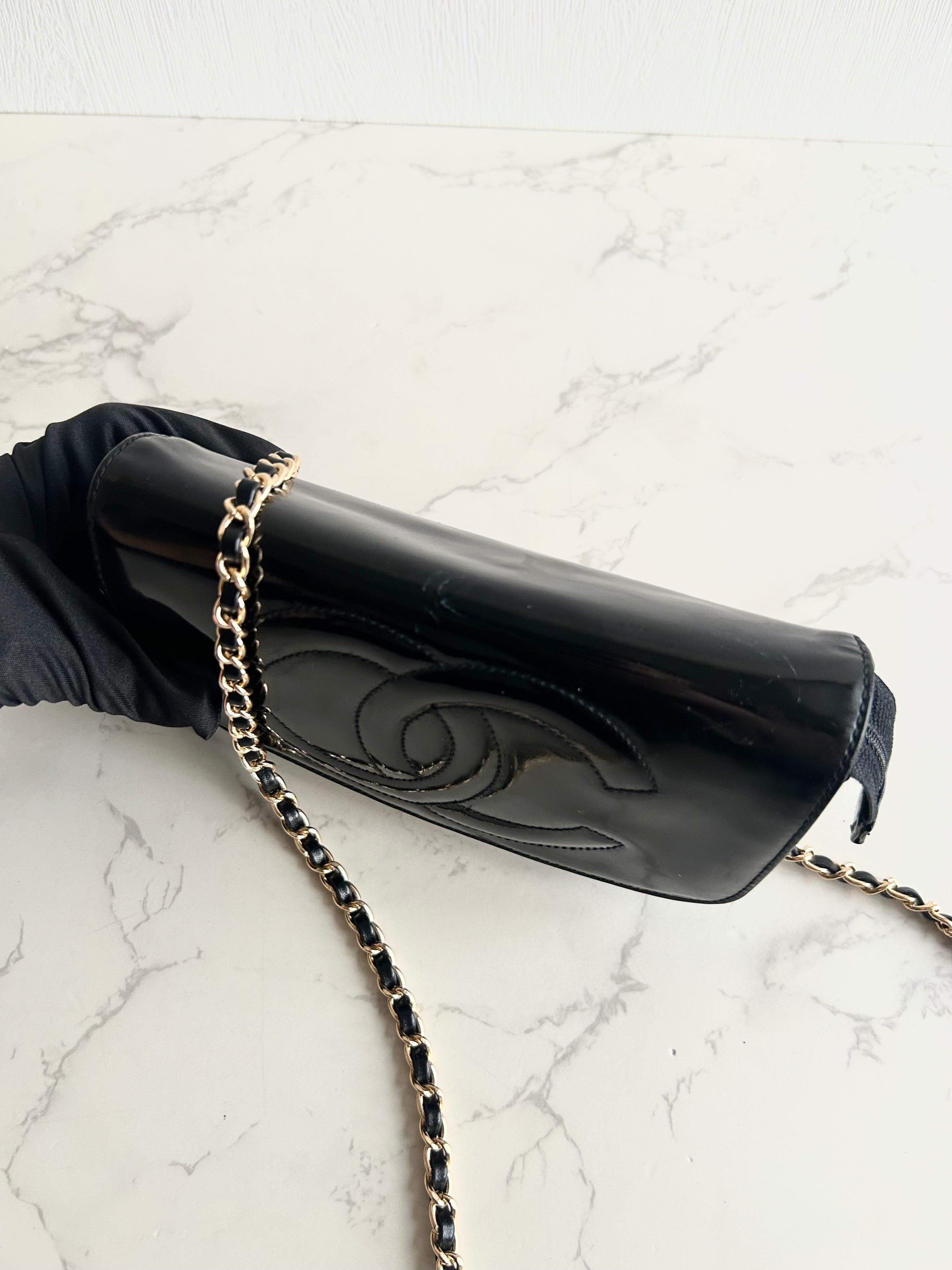 Rare Used Chanel Black and Gold Two-Way Crossbody Bag with Mirror