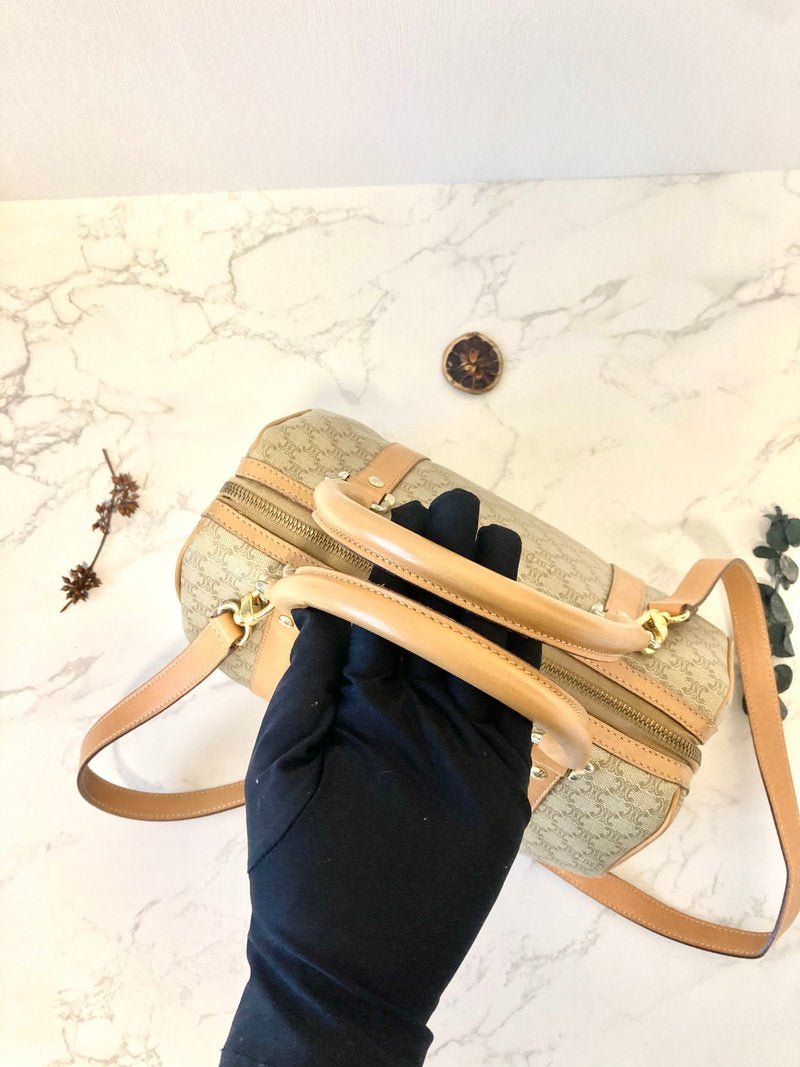 CELINE Beige Brown Old Flower Leather Boston Handbag/Side Bag/Messenger Bag