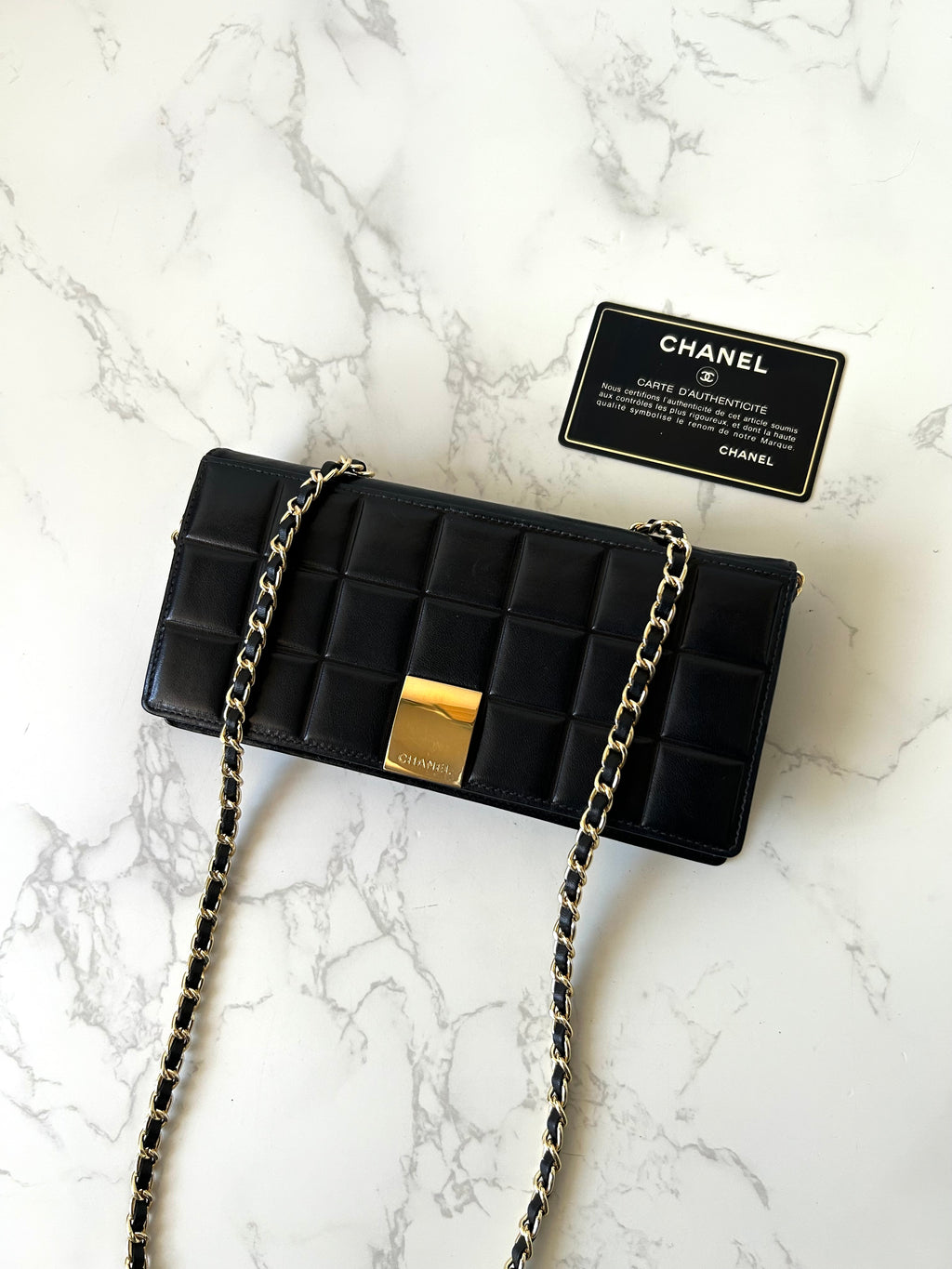 CHANEL 黑色冰格金扣WOC長錢包/斜背包/側背包