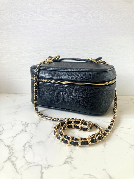 CHANEL Black Caviar Leather Vanity Case / Crossbody Chain Bag