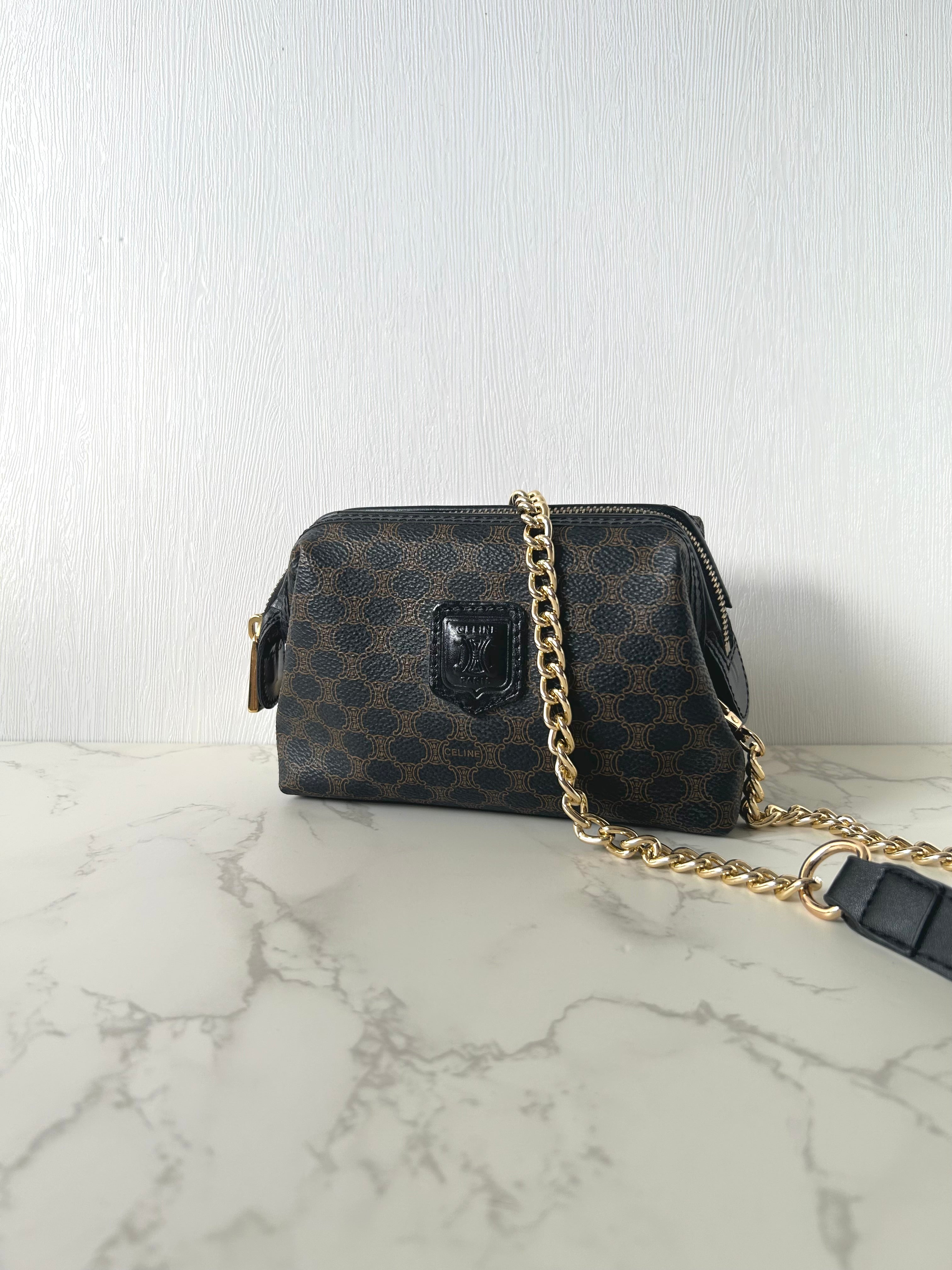 CELINE black old flower cloud leather side bag/crossbody bag/clutch bag