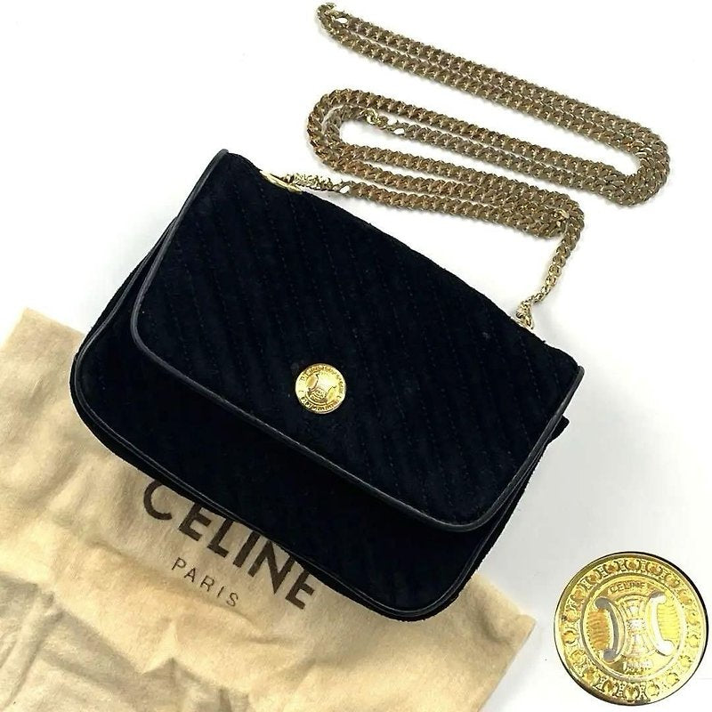 CELINE rare gold Arc de Triomphe badge black leather evening bag / side bag / oblique bag
