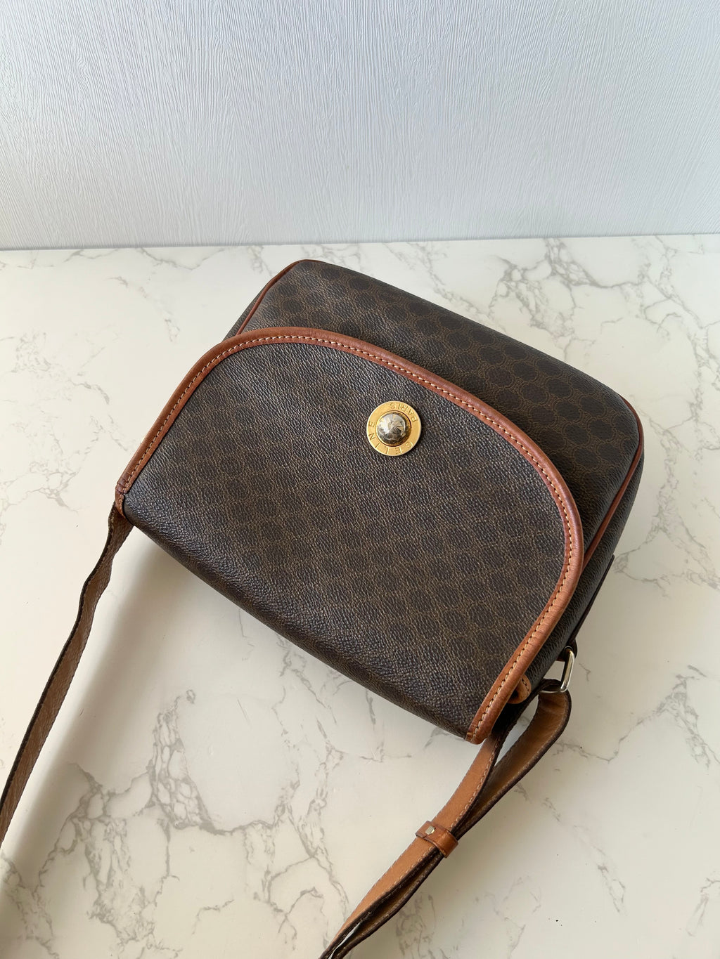 CELINE Rare Planet Brown Old Flower Leather Tofu Small Bag/Side Bag/Messenger Bag