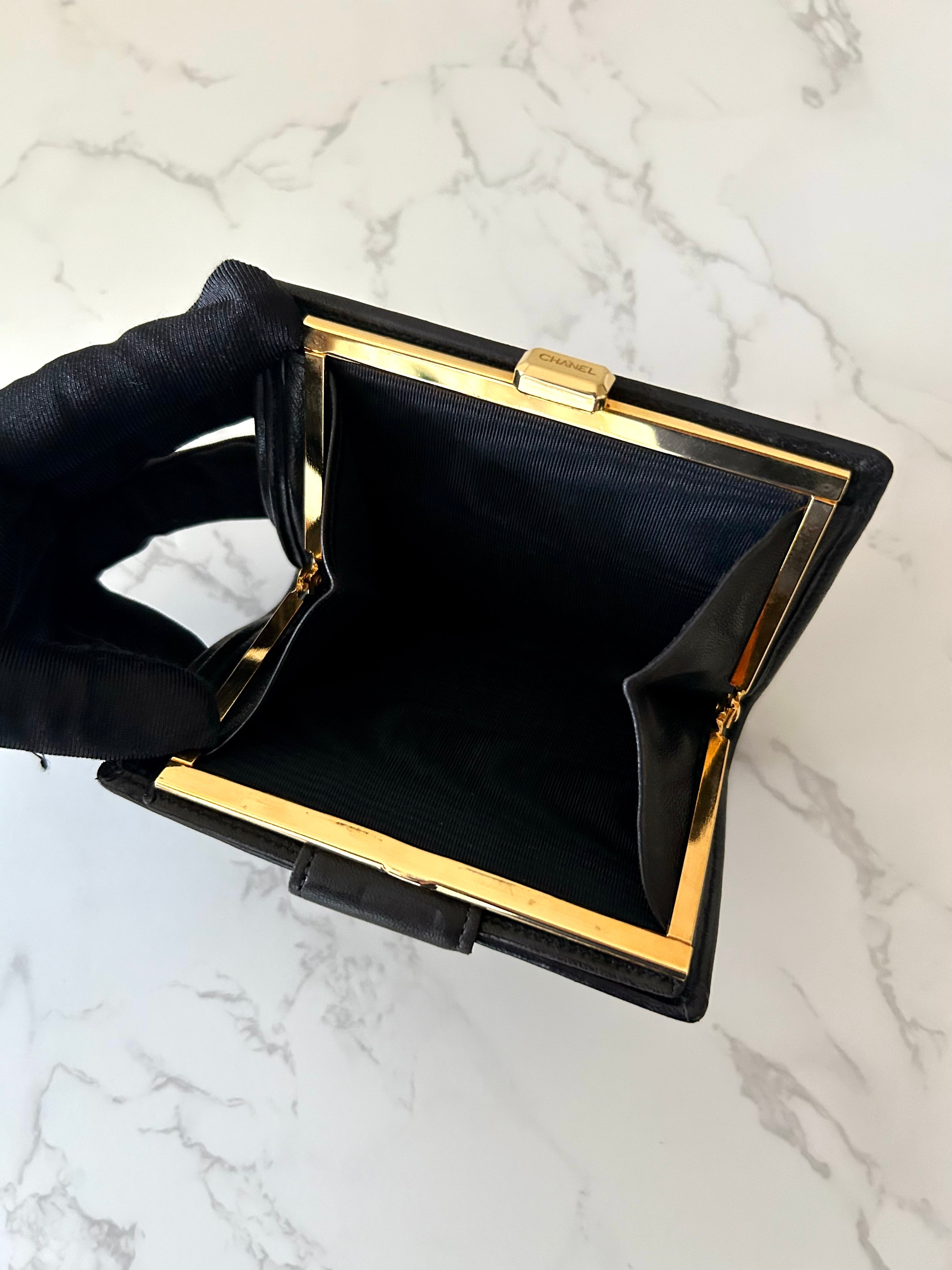 CHANEL rare black lambskin leather large gold buckle gold label short wallet / wallet