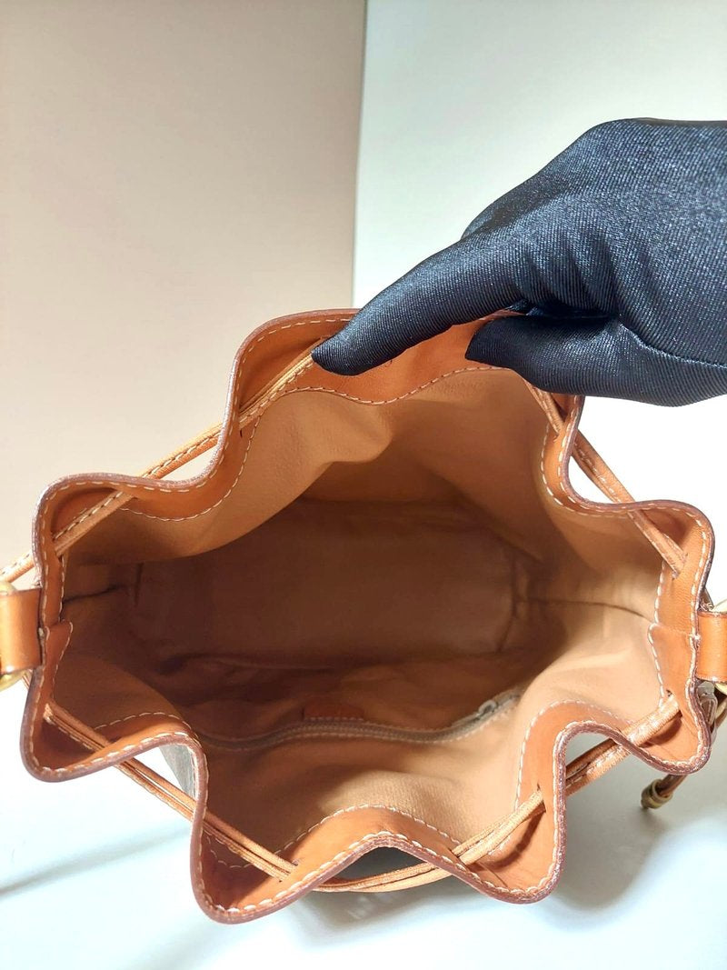 CELINE Brown Old Flower Leather Single Shoulder Drawstring Bucket Bag / Side Bag