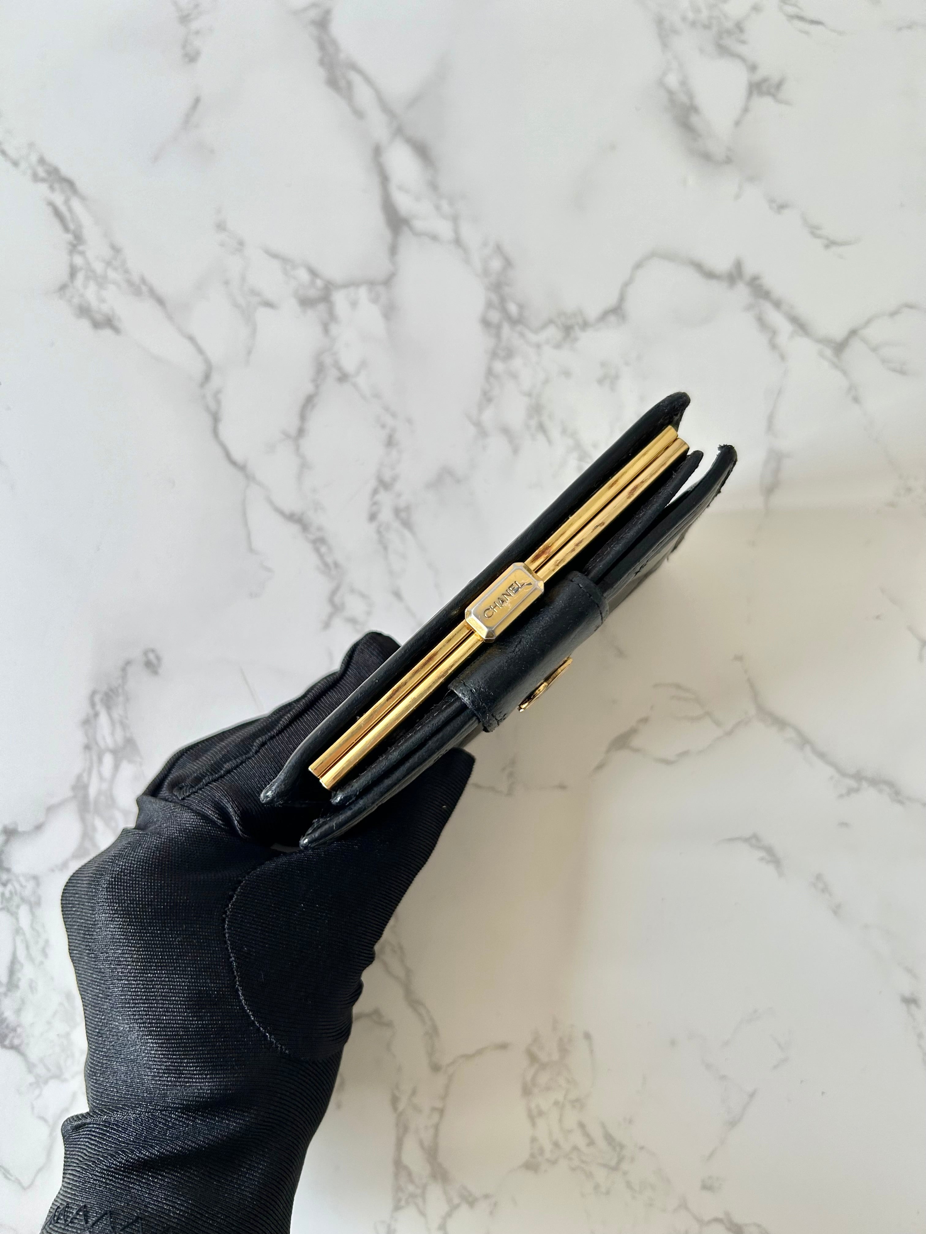 CHANEL rare black lambskin leather large gold buckle gold label short wallet / wallet