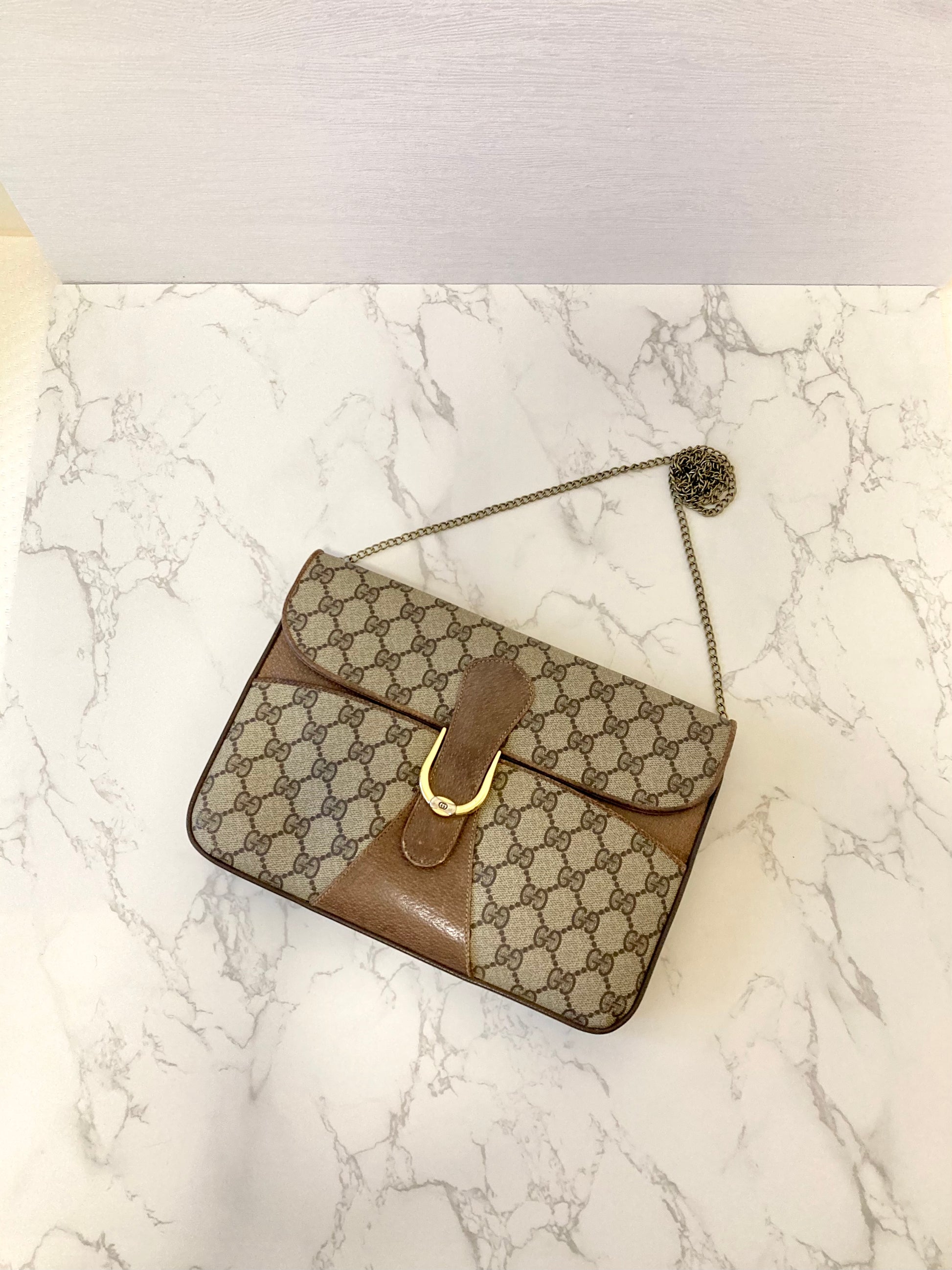 GUCCI Brown Monogram Horseshoe Shoulder Bag