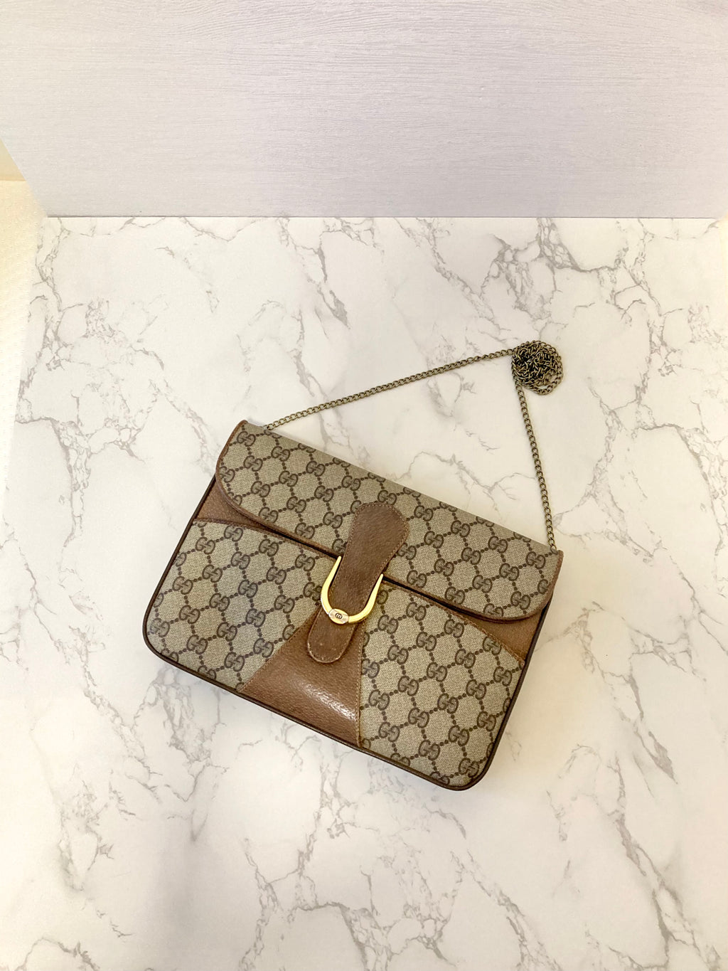 GUCCI Brown Monogram Horseshoe Shoulder Bag