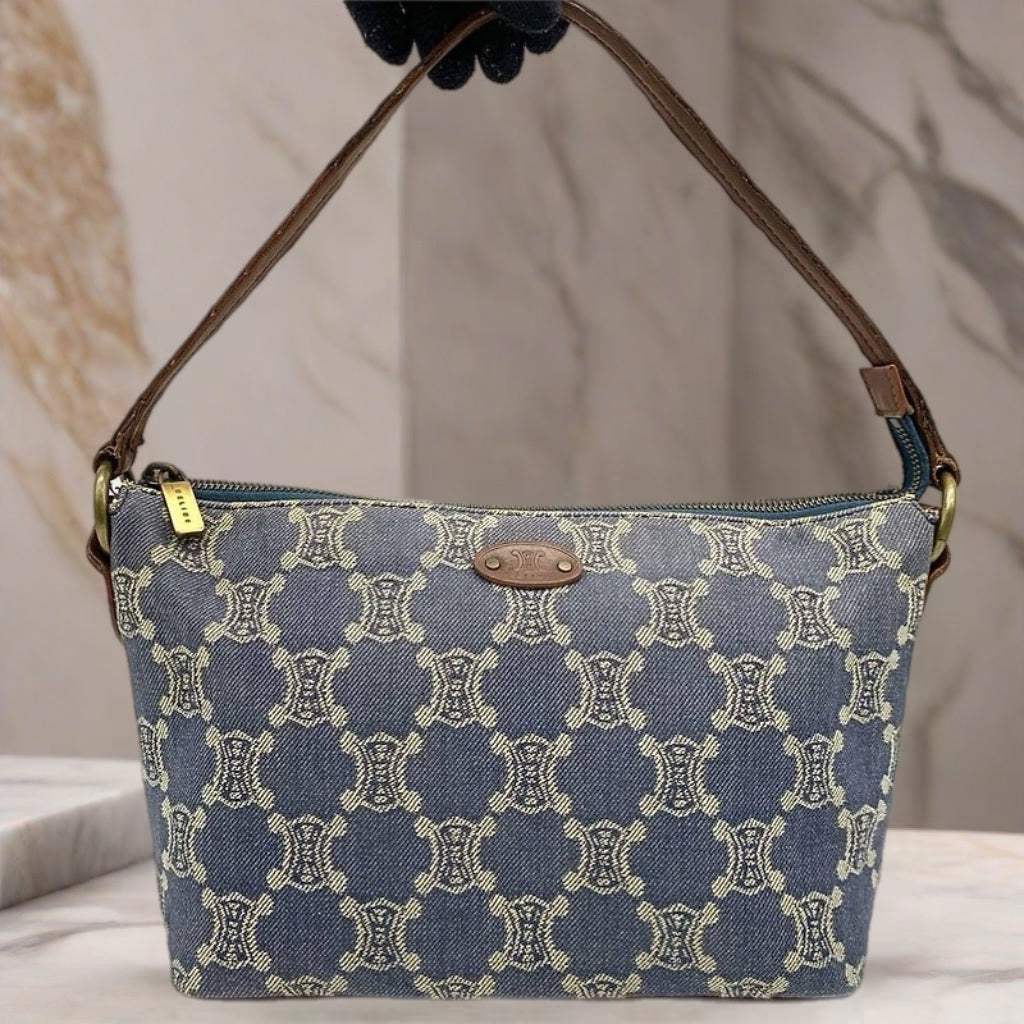CELINE rare denim blue Arc de Triomphe old flower leather small bag / side backpack / underarm bag