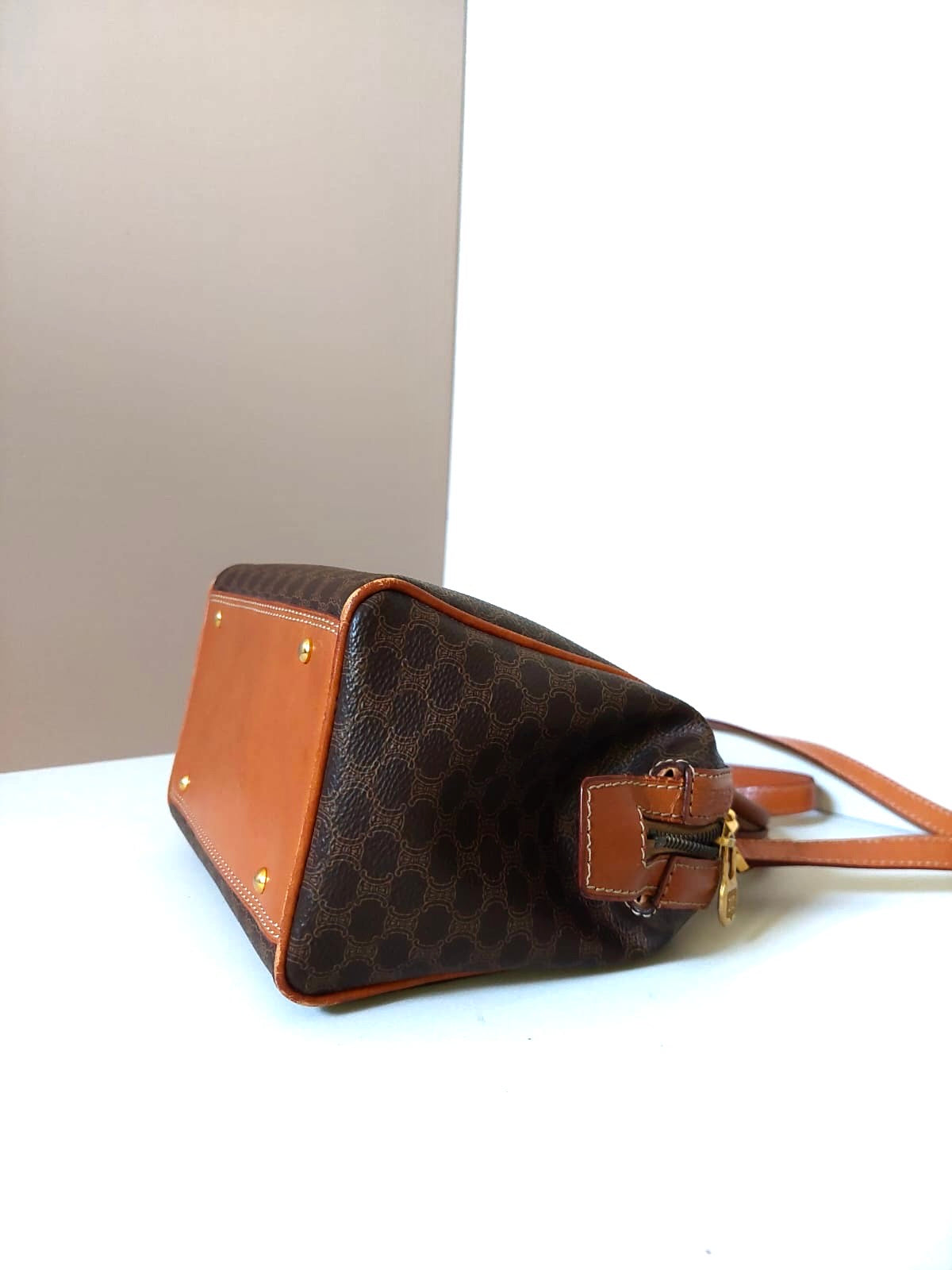 CELINE Brown Old Flower Leather Boston Bucket Bag/Side Bag/Handbag