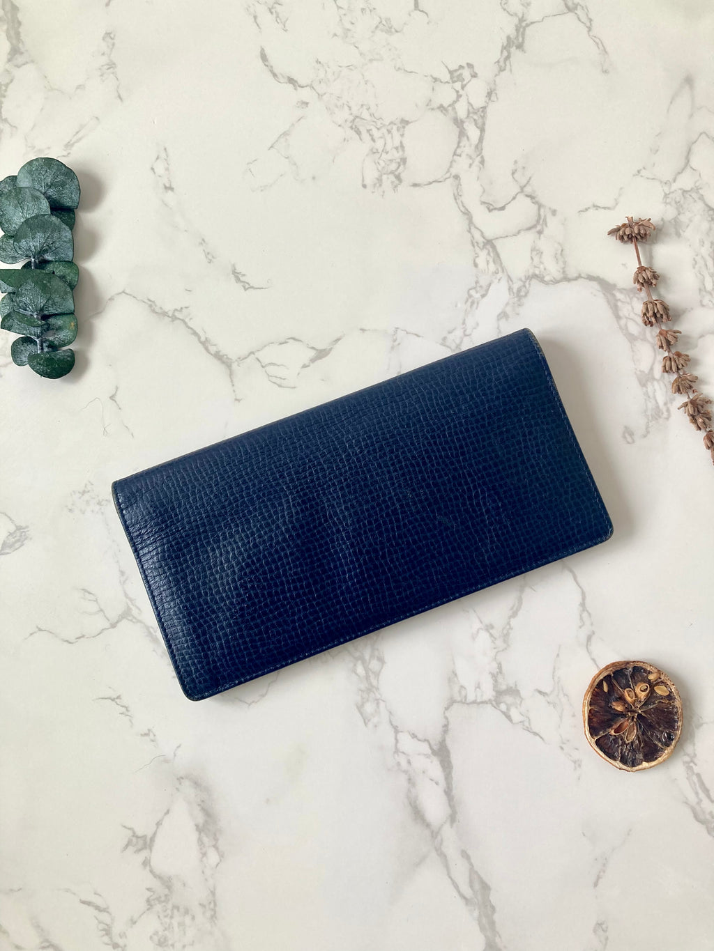 CHRISTIAN DIOR Navy Blue x Gold Egg Leather Long Bi-fold Wallet