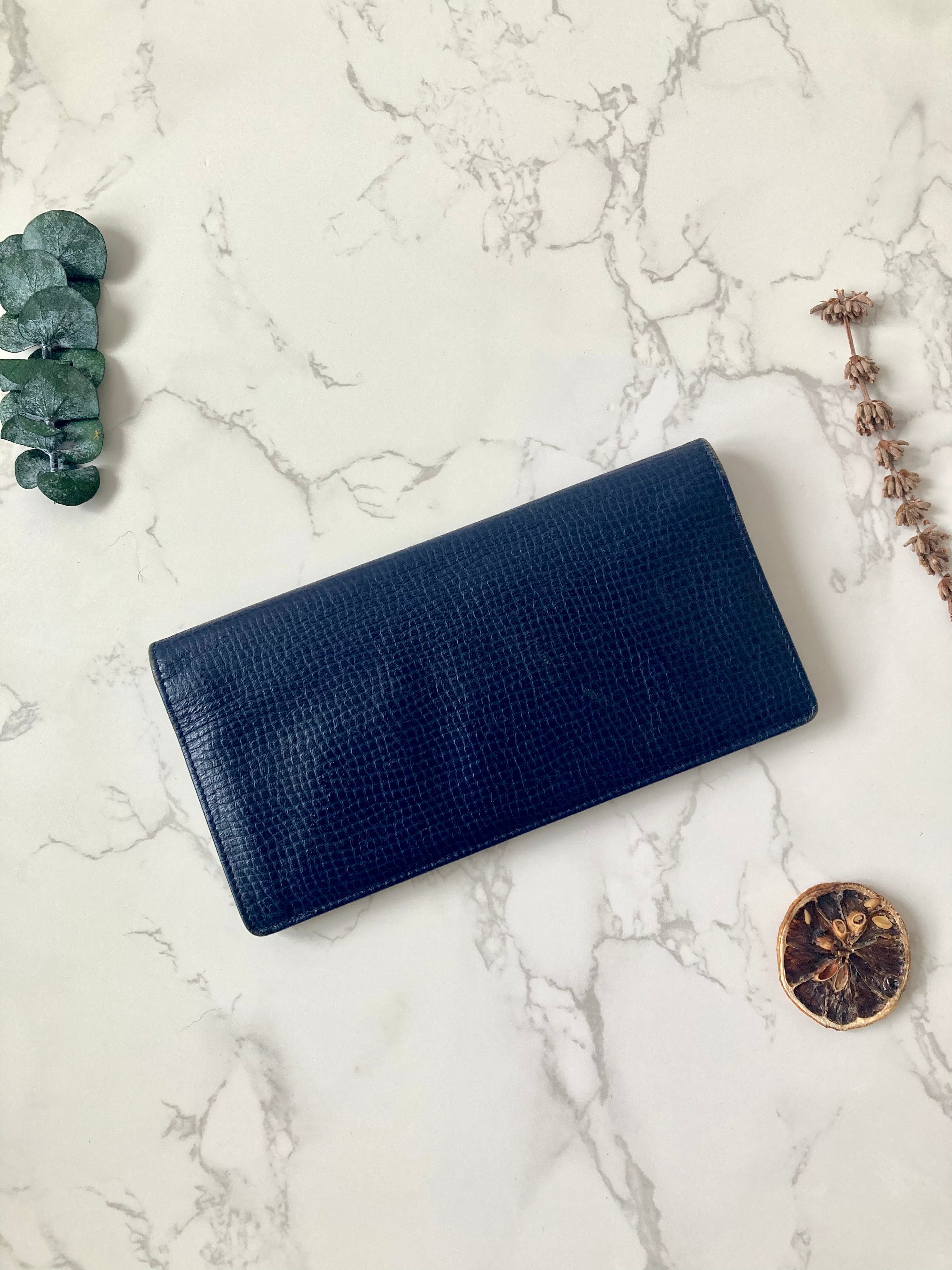 CHRISTIAN DIOR Navy Blue x Gold Egg Leather Long Bi-fold Wallet