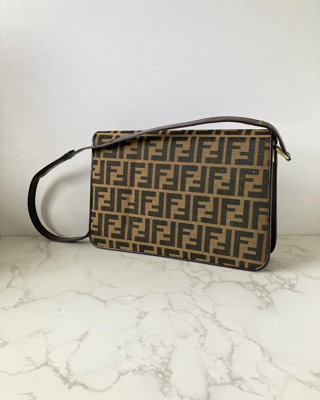 FENDI Zucchino rare brown old flower gold buckle side bag / underarm bag