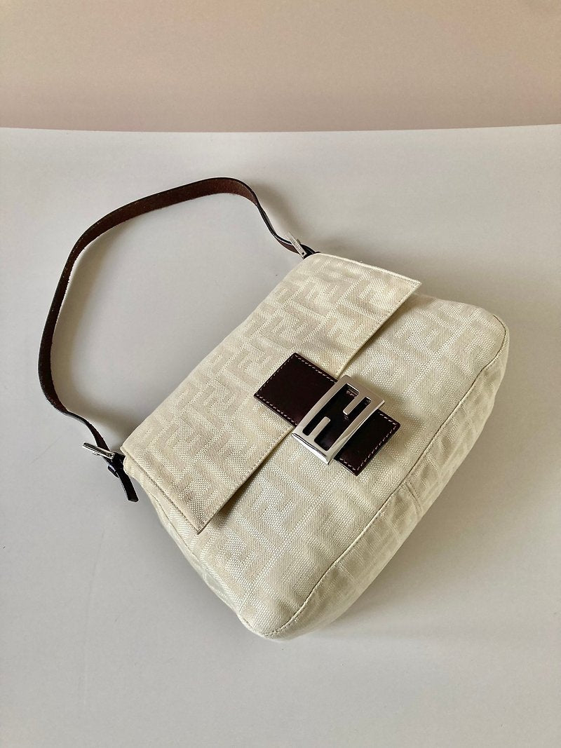 FENDI Zucchino white with brown old flower silver buckle large baguette underarm bag / side bag