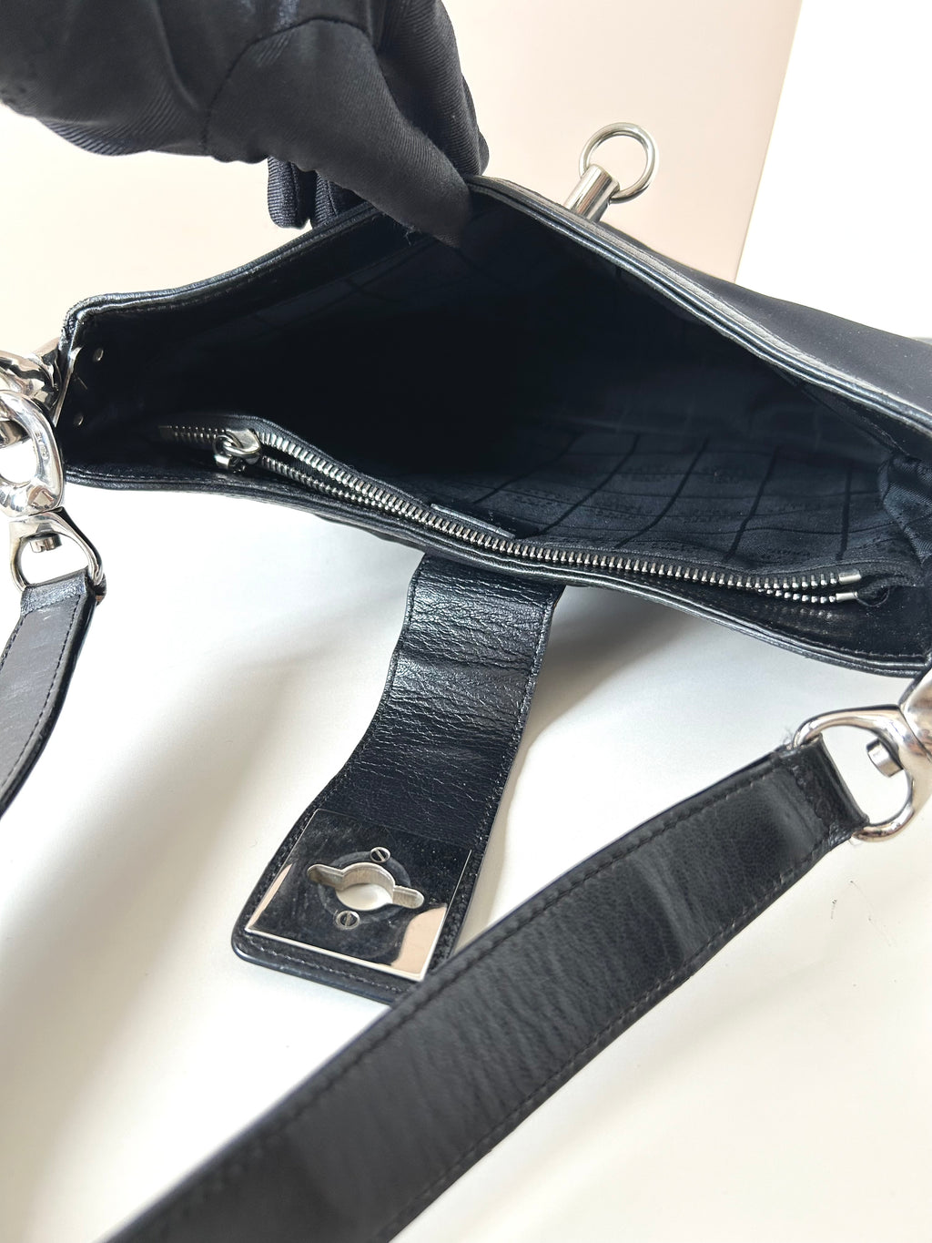 CELINE rare black silver ring patchwork leather Blason side backpack / shoulder bag