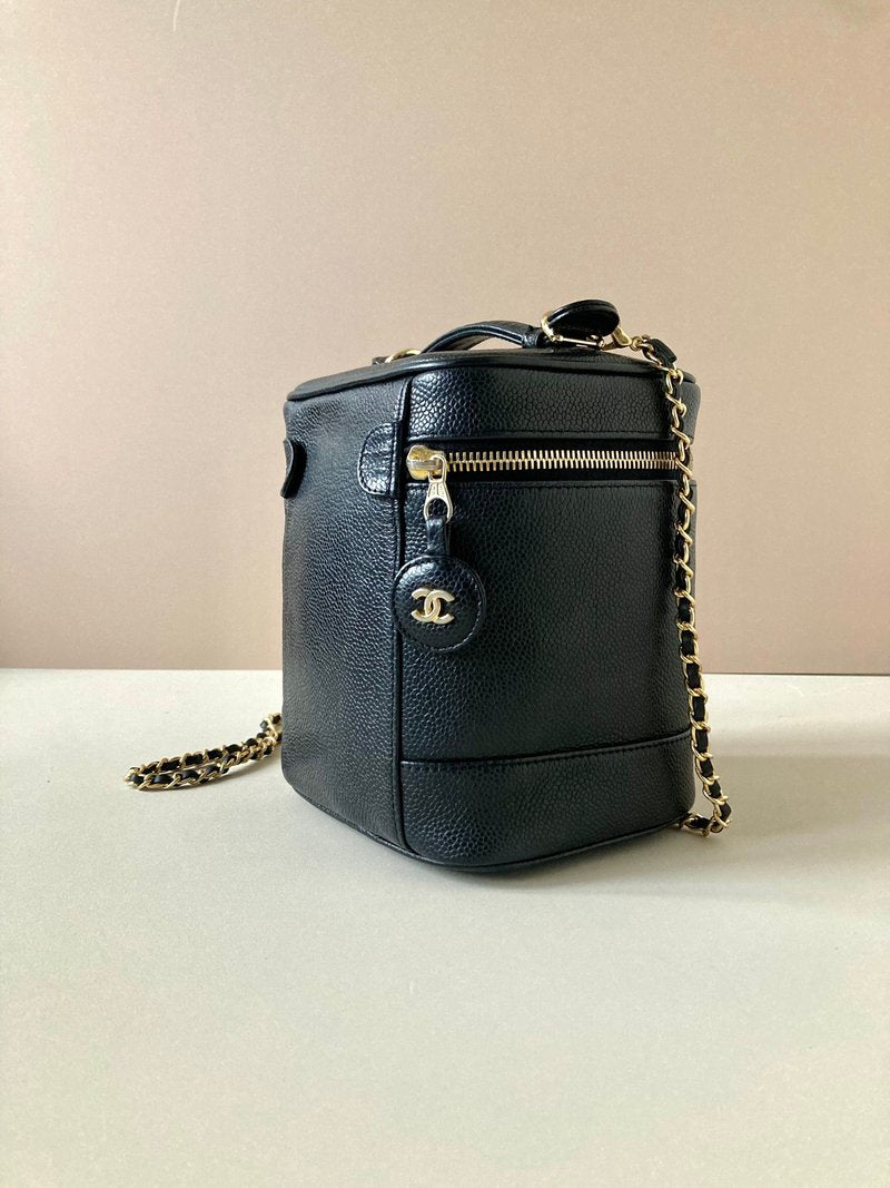 CHANEL Rare Vertical Black Caviar Leather Vanity Box/Side Bag/Messenger Bag/Clutch