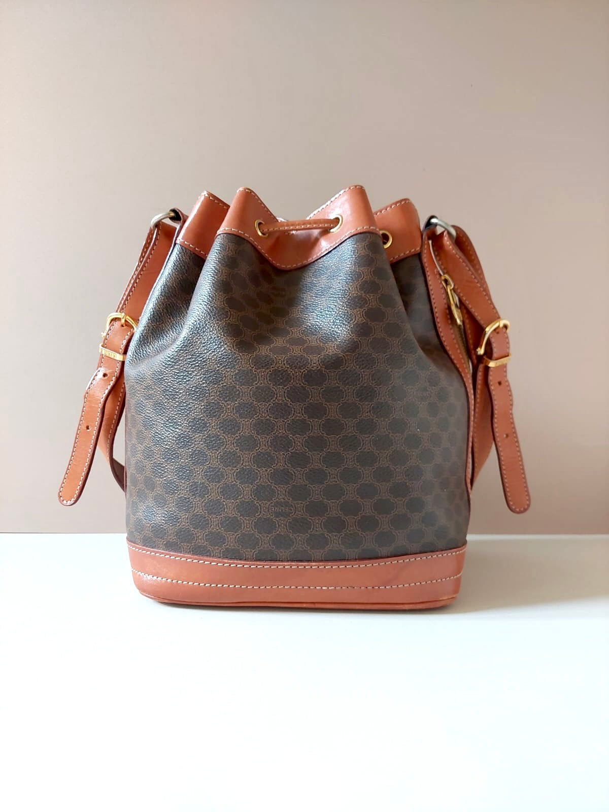 CELINE Brown Old Flower Leather Single Shoulder Drawstring Bucket Bag/Side Bag - Japanese Second-hand Vintage