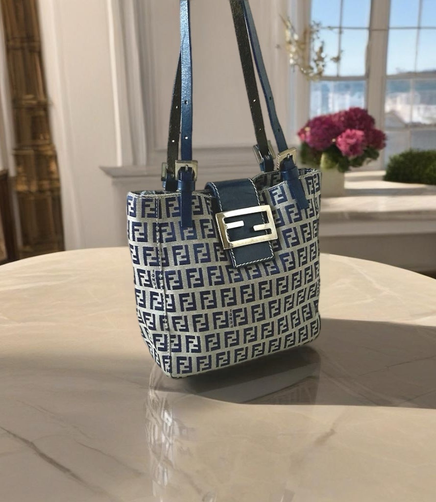 FENDI Zucchino blue and black old flower silver buckle small tote bag / underarm bag / side backpack