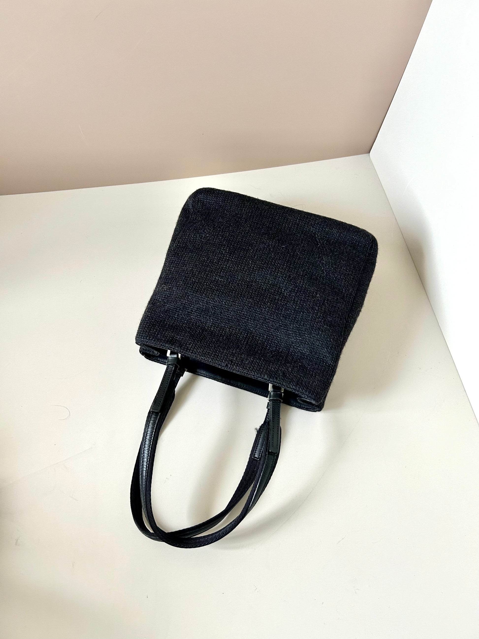 PRADA rare black woven small tote bag/shoulder bag/side backpack