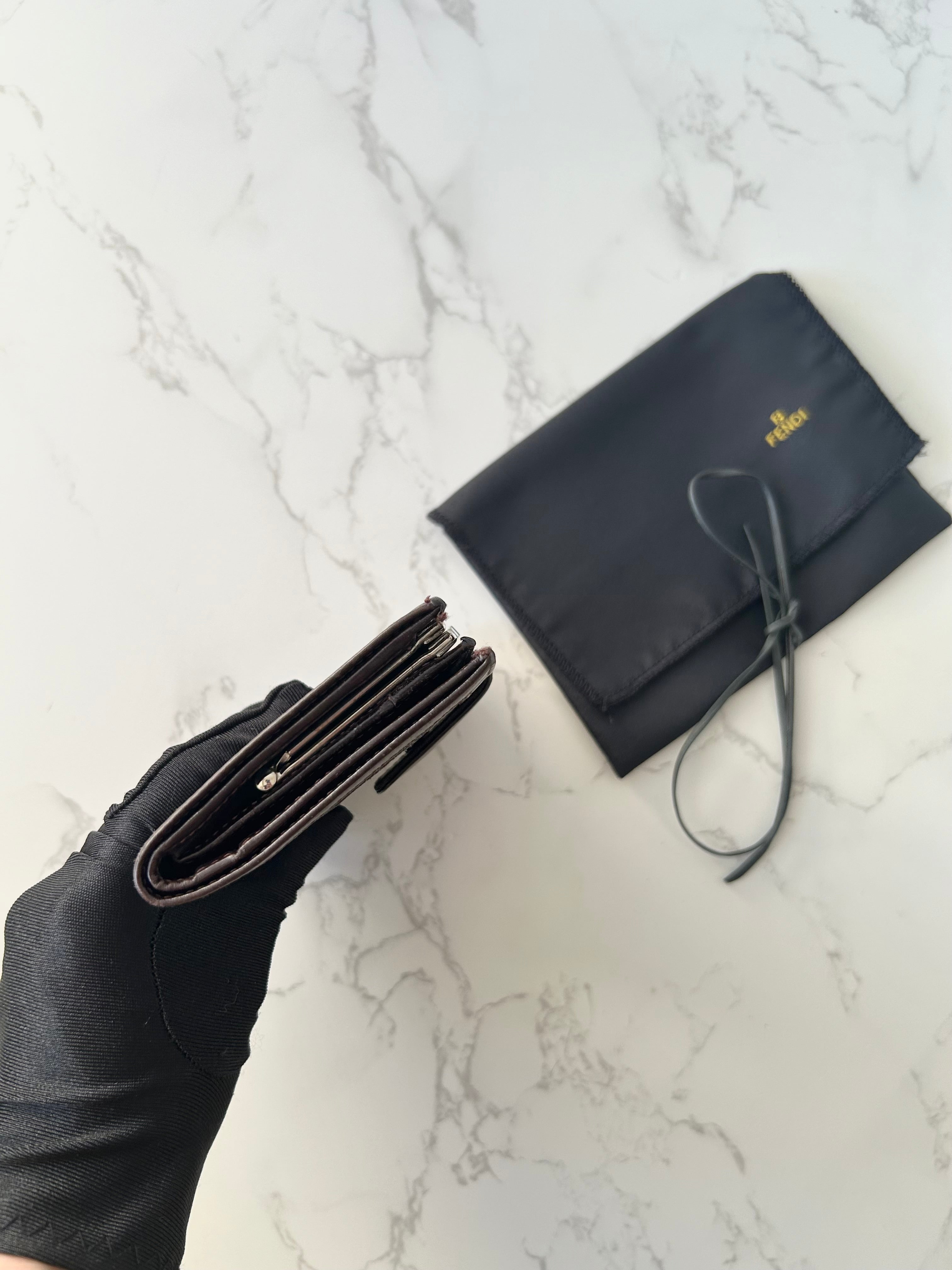 FENDI Zucchino Brown Monogram Bi-Fold Wallet/ Short Clip/ Coin Purse