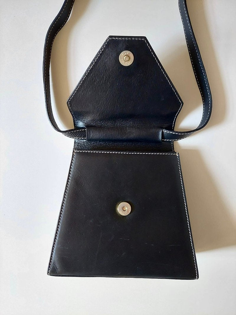 CELINE rare black gold buckle outer seam leather small Kelly shoulder bag / crossbody bag