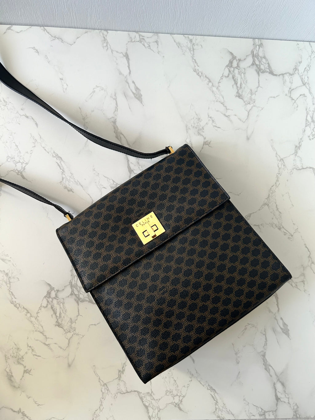 CELINE rare black old flower gold rotating buckle leather Kelly side bag / oblique bag
